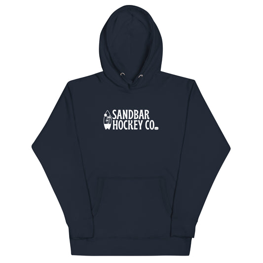 Navy blue Surfside Hockey Hoodie with white Sandbar Hockey Co. surfboard front logo