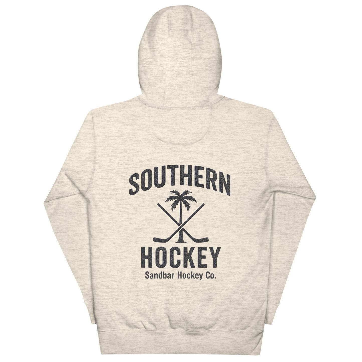 Ash hockey hoodie back side with Southern Hockey palm tree and crossed sticks graphic