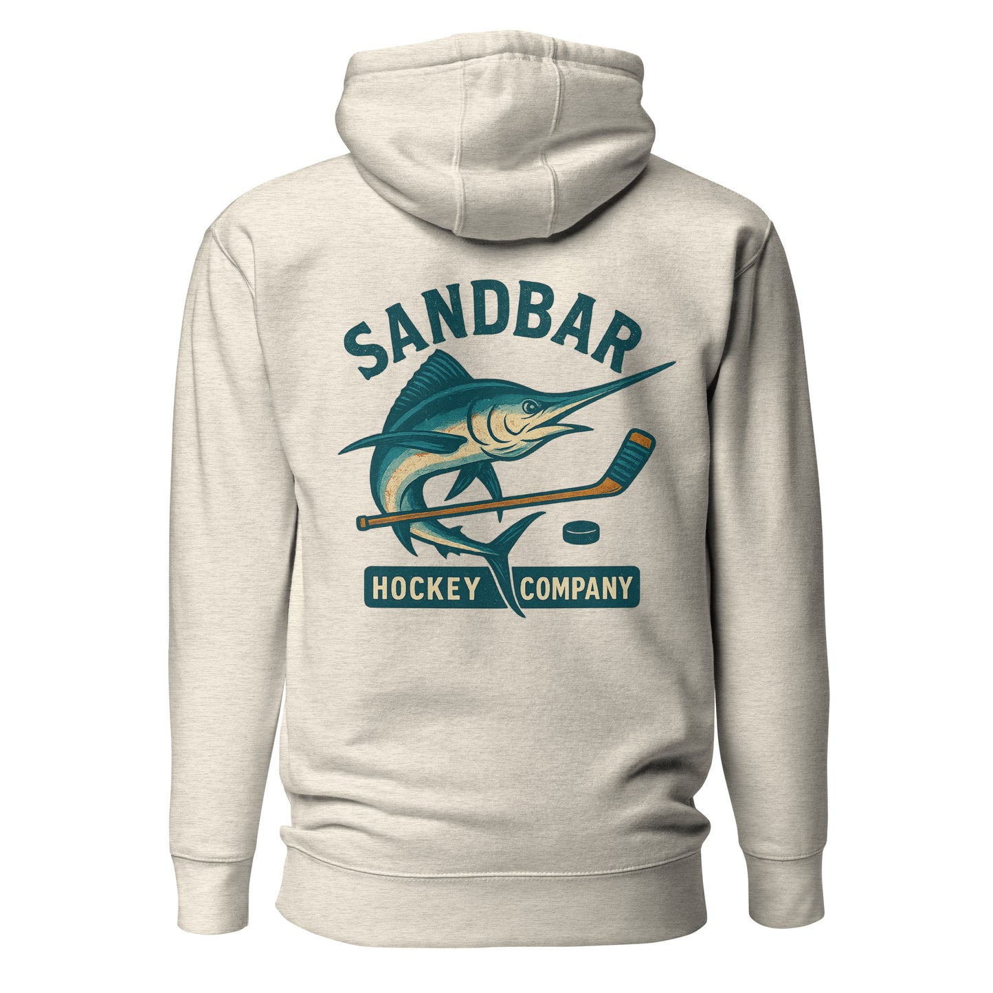 Oatmeal Heather hockey hoodie back side with large marlin, hockey stick, and puck graphic with Sandbar Hockey Company text