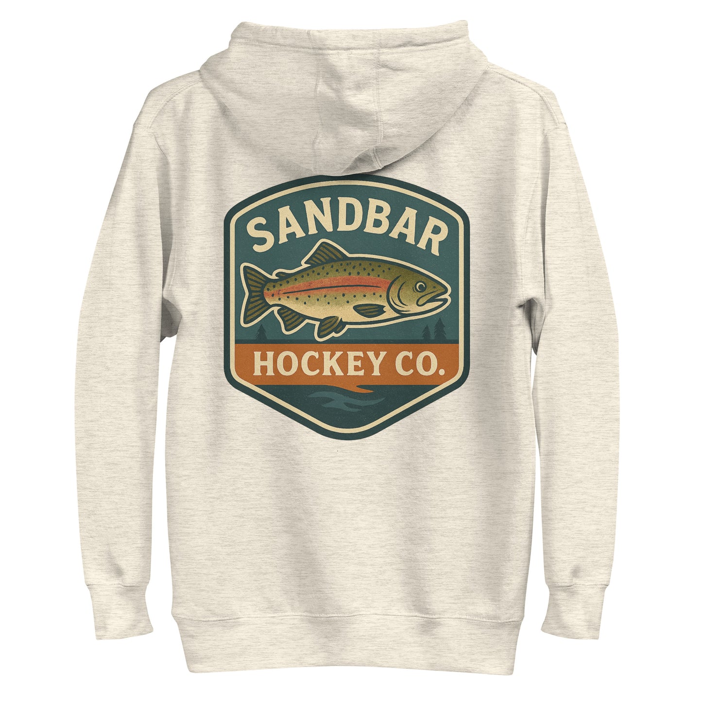 Oatmeal heather hockey hoodie back side with large Sandbar Hockey Co. trout badge graphic