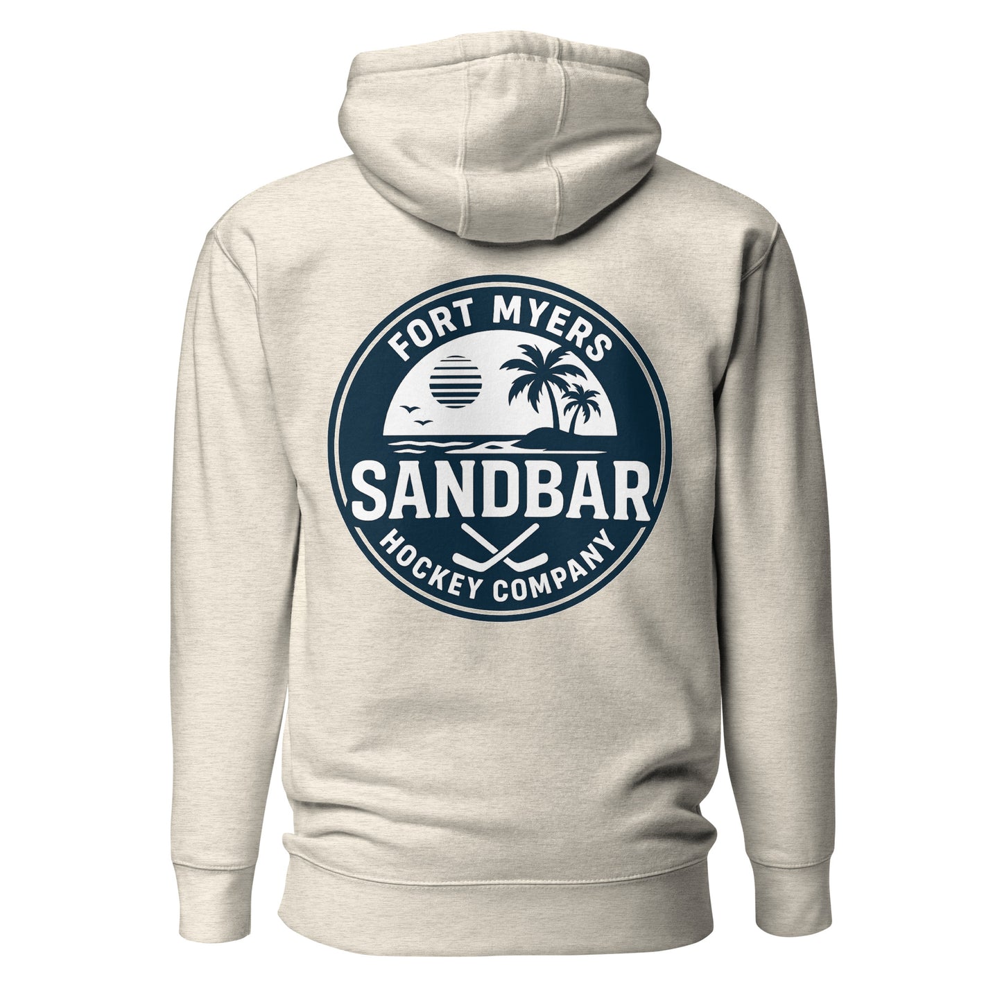 Oatmeal Heather Fort Myers Sandbar Hockey hoodie back view with large circular Fort Myers Sandbar Hockey Company graphic featuring palm trees, water, sunset, birds, and crossed hockey sticks