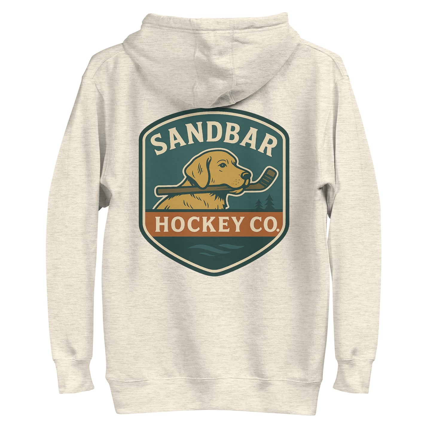 Oatmeal heather hockey dog hoodie with a large Sandbar Hockey Co. dog shield graphic on the back