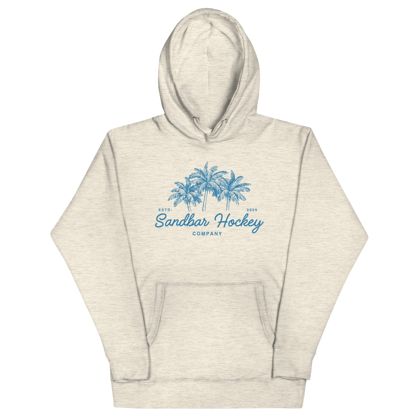 Ash hockey hoodie front side with blue palm tree graphic and Sandbar Hockey Company cursive logo