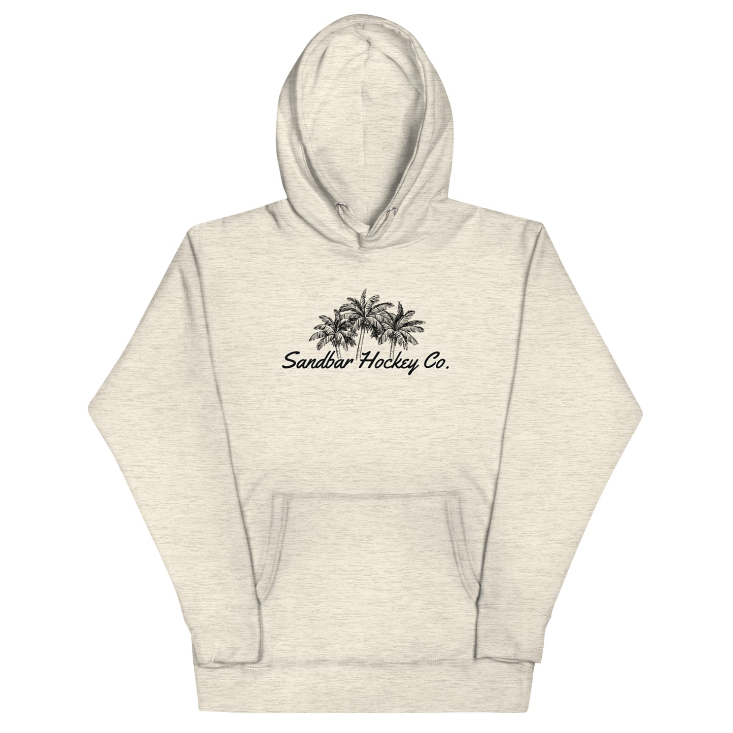 Ash hockey hoodie front side with black palm tree Sandbar Hockey Co. chest logo