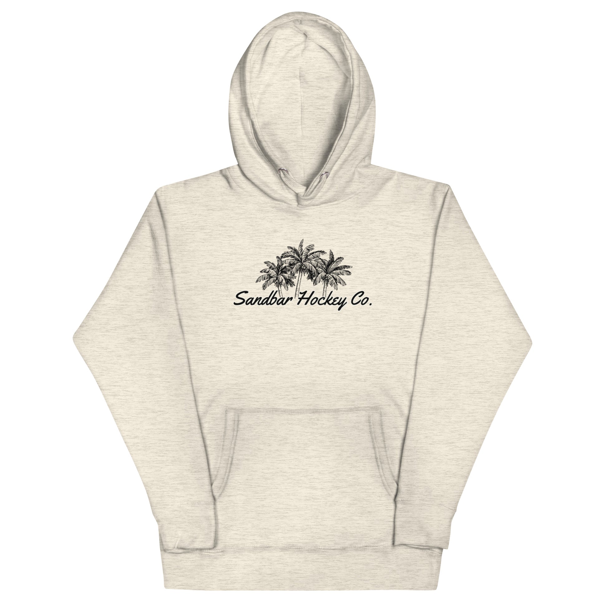 Ash hockey hoodie front side with black palm tree Sandbar Hockey Co. chest logo