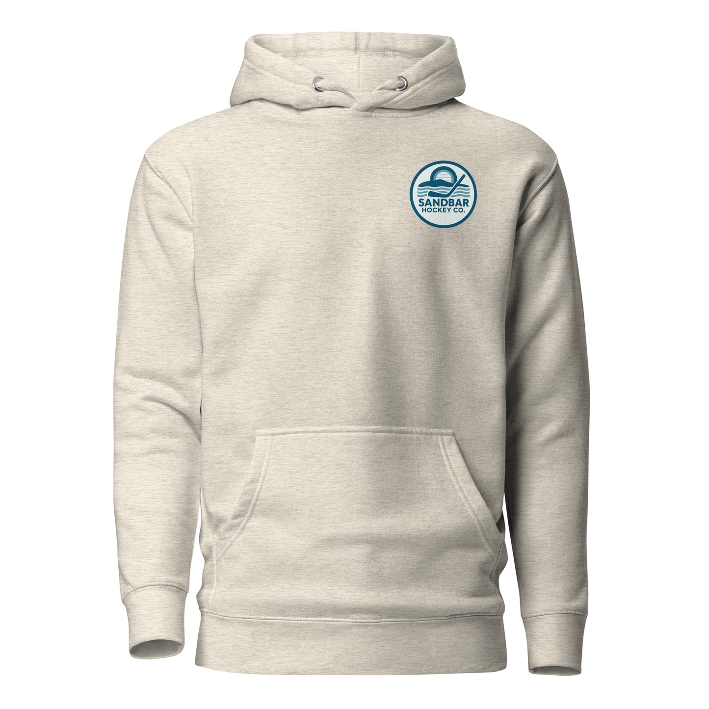 Oatmeal Heather hockey hoodie front side with small circular Sandbar Hockey Co. chest logo featuring sunset, water, and hockey stick