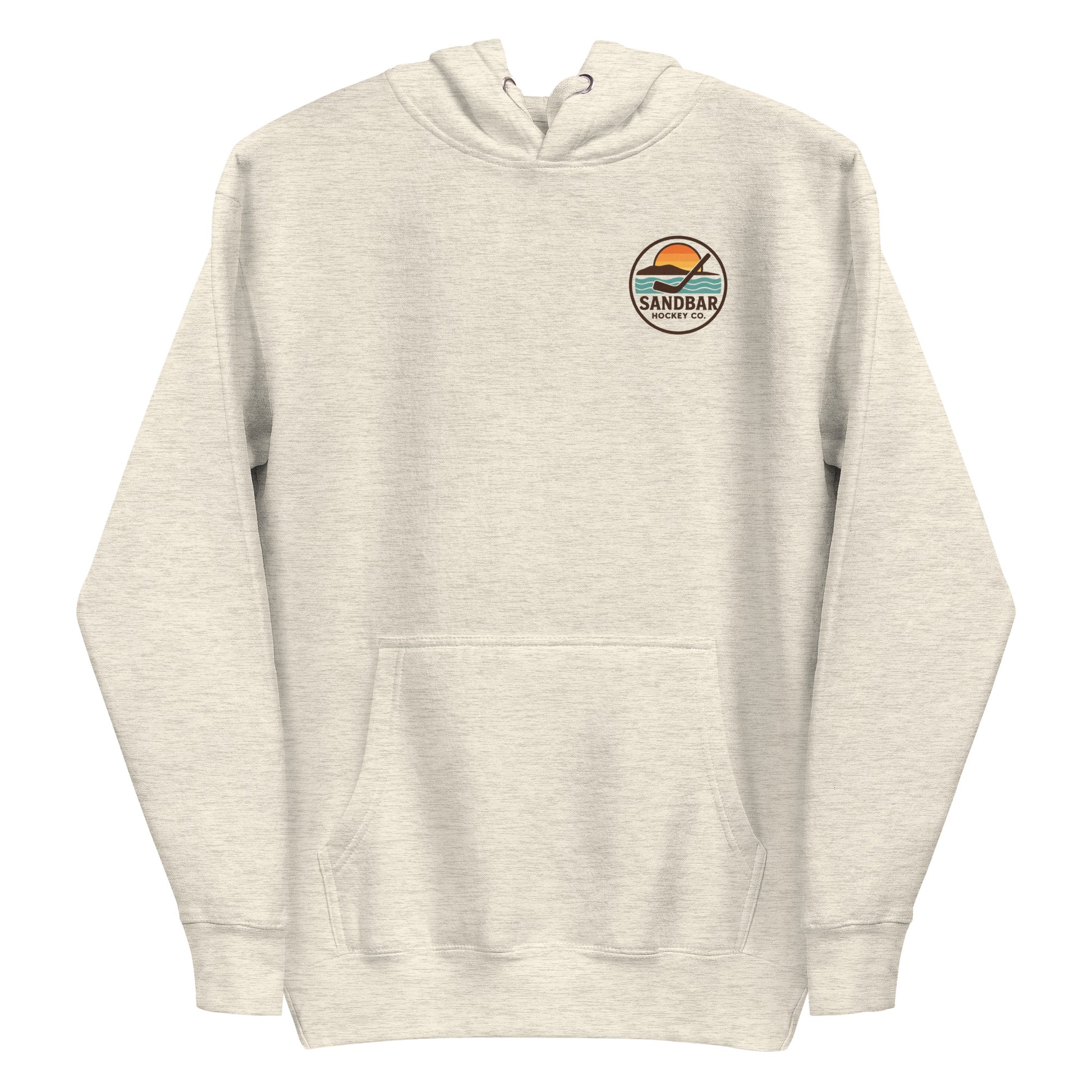 Oatmeal heather hockey hoodie front side with small circular Sandbar Hockey Co. chest logo featuring sunset, water, and hockey stick