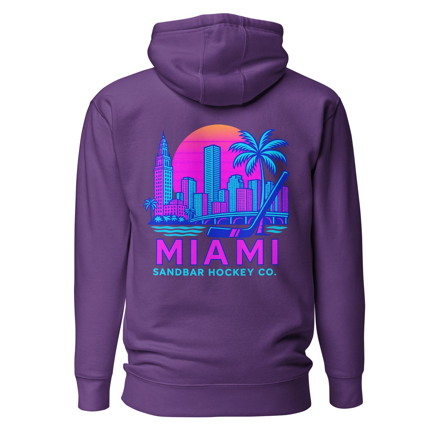 Purple Miami Sandbar Hockey hoodie back view with large neon Miami skyline graphic, palm trees, hockey stick, and Miami Sandbar Hockey Co. text