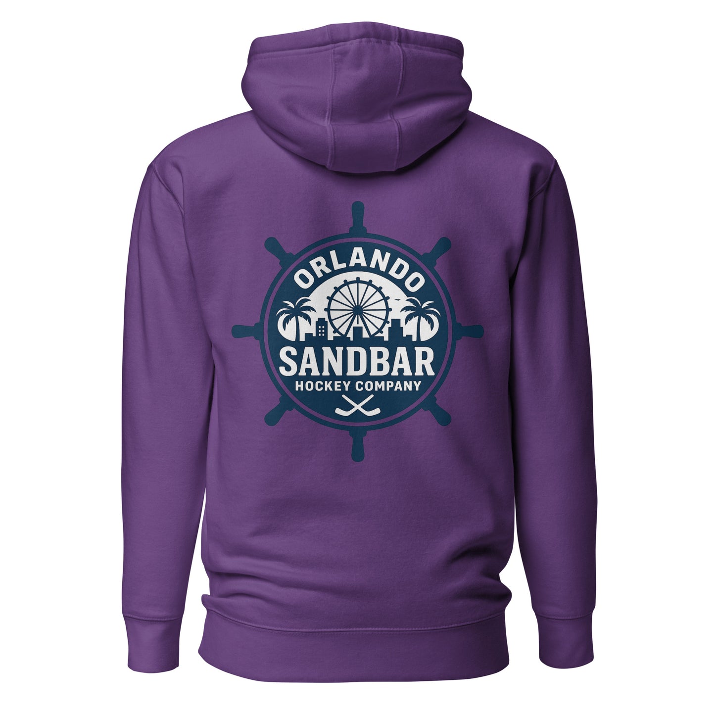 Purple Orlando Sandbar Hockey hoodie back view with large circular ship wheel Orlando Sandbar Hockey Company graphic