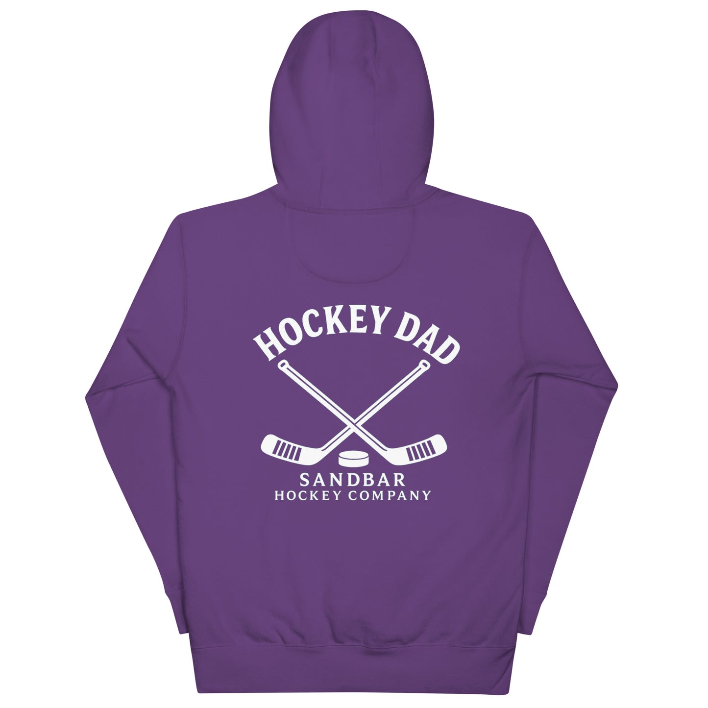 Purple hockey dad hoodie back view with Hockey Dad Sandbar Hockey Company graphic, crossed hockey sticks, and puck.