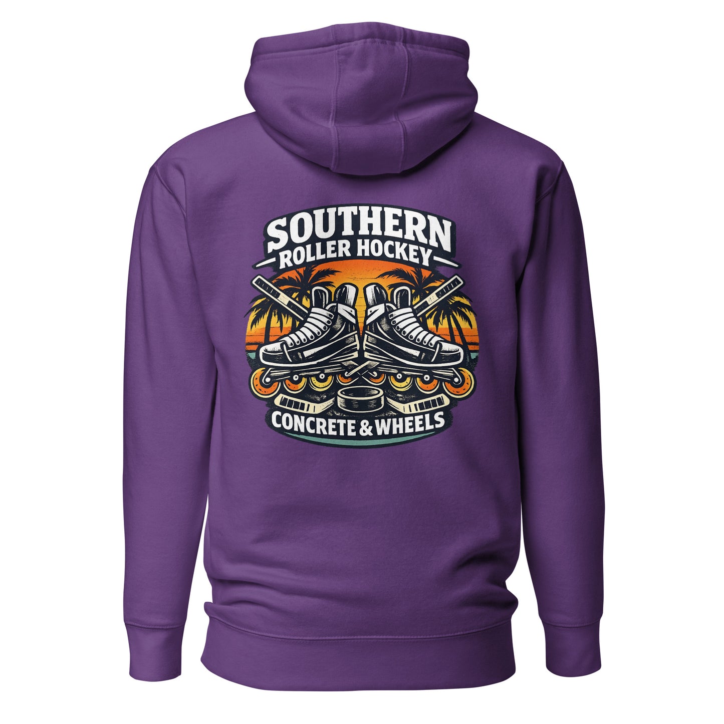 Purple southern roller hockey hoodie back view with Southern Roller Hockey Concrete & Wheels graphic featuring inline skates, palm trees, sticks, and puck.