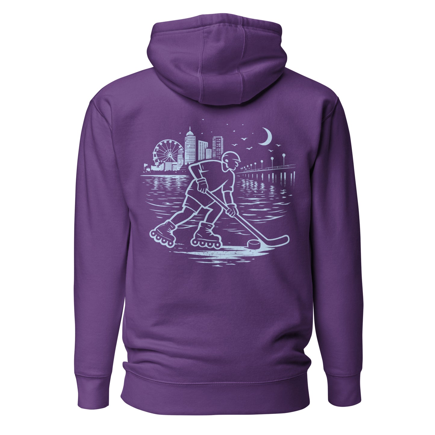 Purple roller hockey hoodie back view with baby blue waterfront roller hockey graphic featuring a skater, city skyline, ferris wheel, pier, moon, and water reflections.