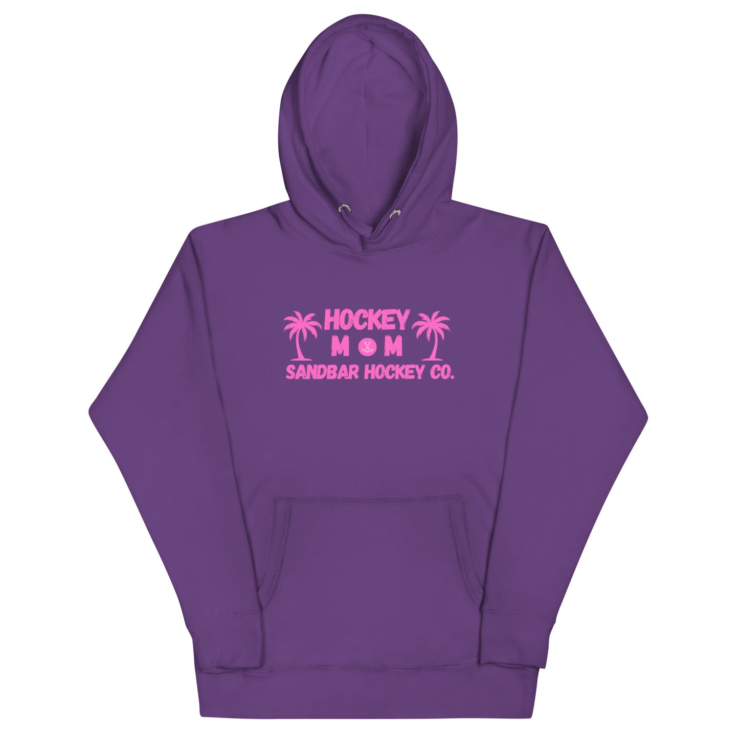 Purple hockey mom hoodie front view with pink Hockey Mom Sandbar Hockey Co. graphic on the chest.