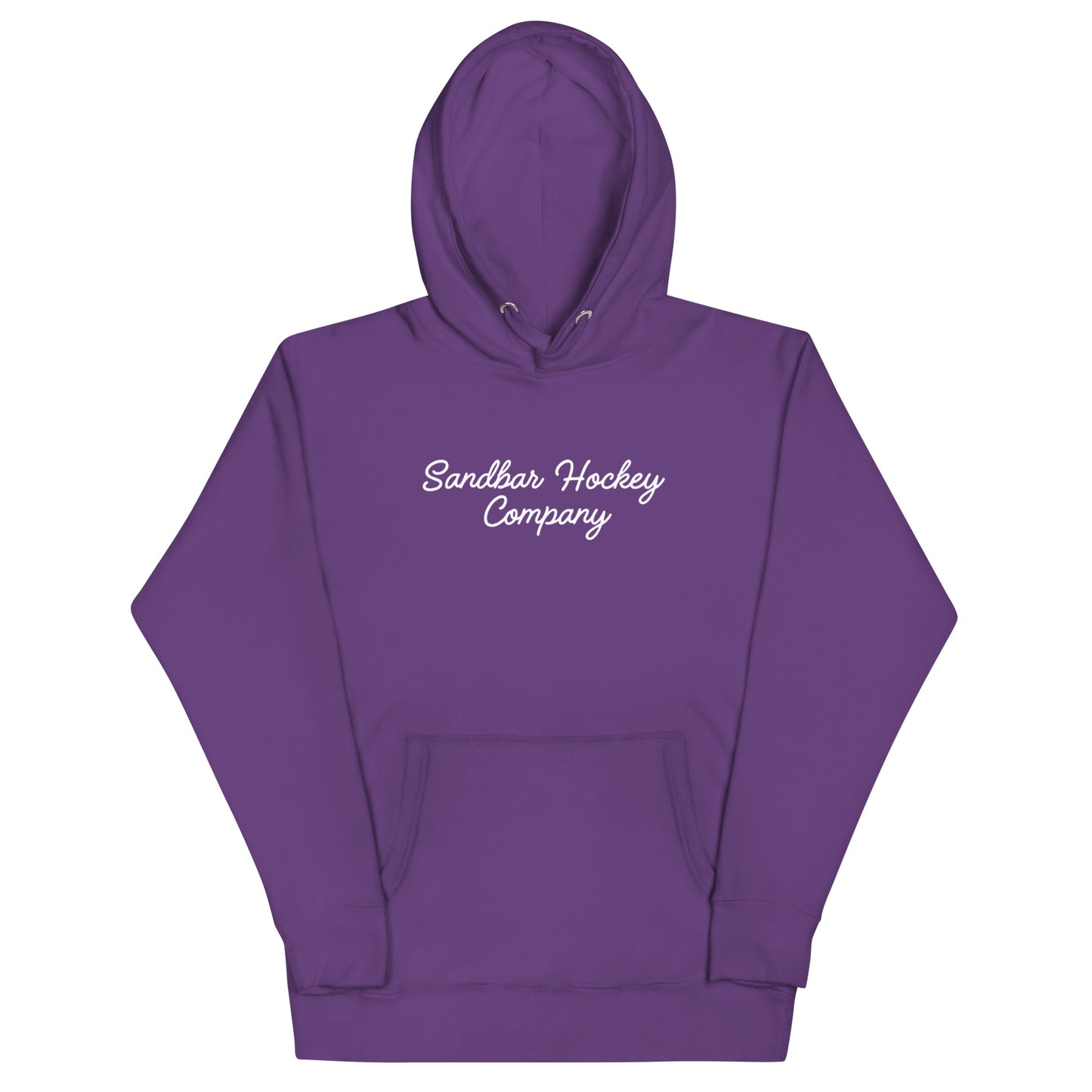 Purple hockey dad hoodie front view with Sandbar Hockey Company script on the chest.