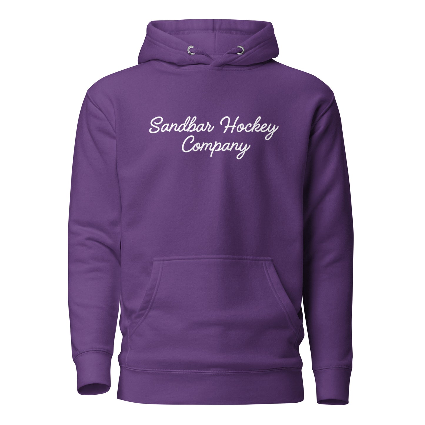 Purple southern roller hockey hoodie front view with Sandbar Hockey Company script on the chest.