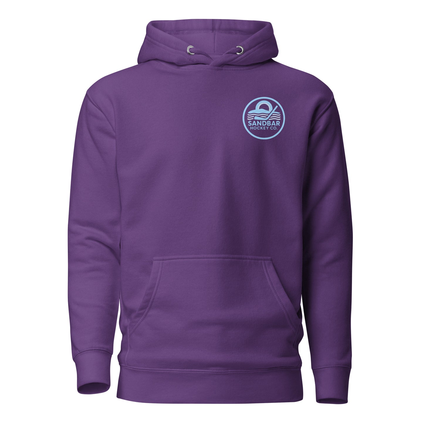 Purple roller hockey hoodie front view with blue Sandbar Hockey Co. chest logo.