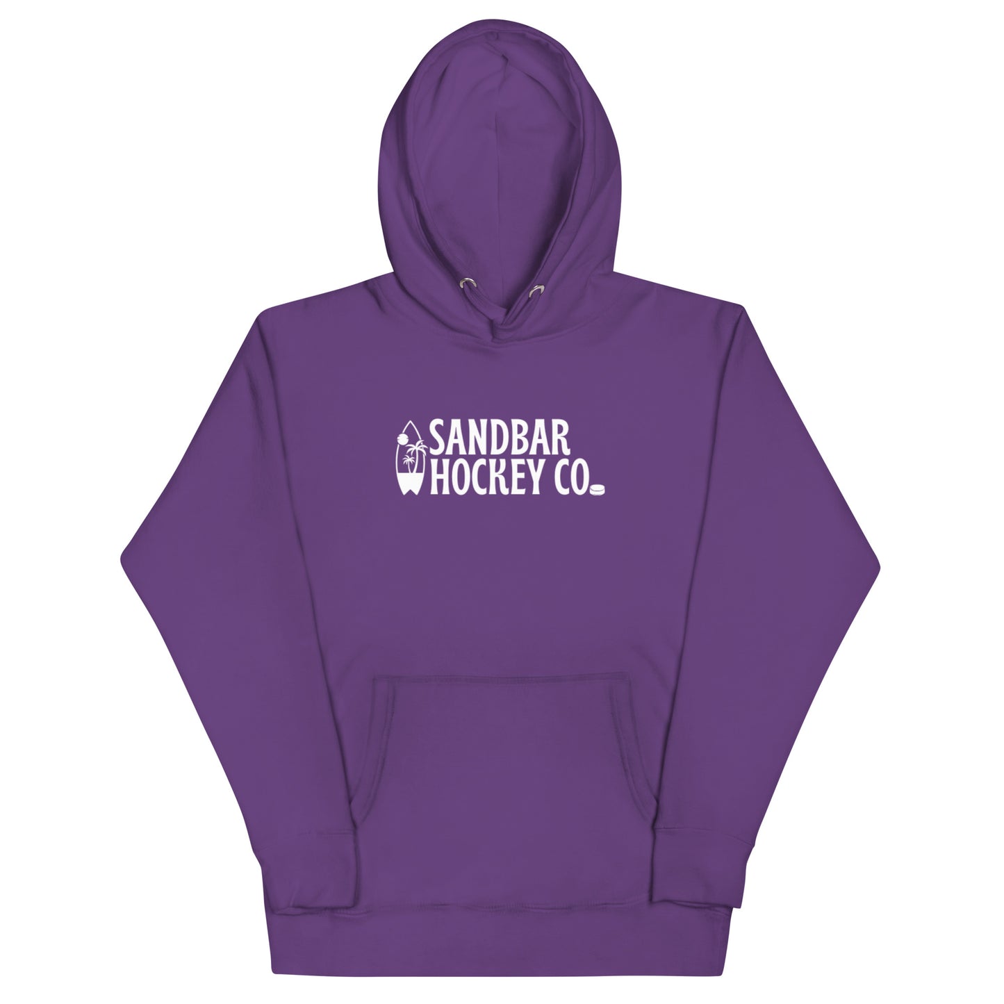 Purple Surfside Hockey Hoodie with white Sandbar Hockey Co. surfboard front logo