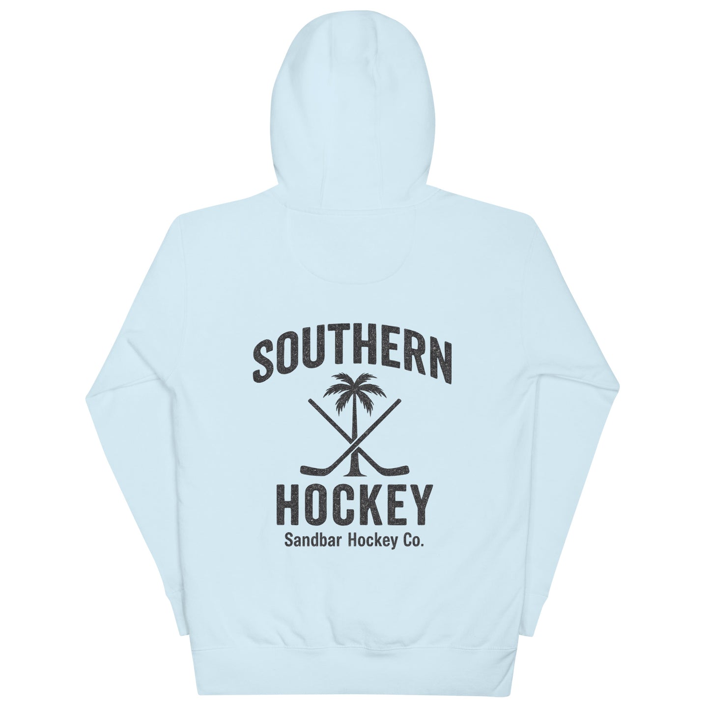 Light blue hockey hoodie back side with Southern Hockey palm tree and crossed sticks graphic