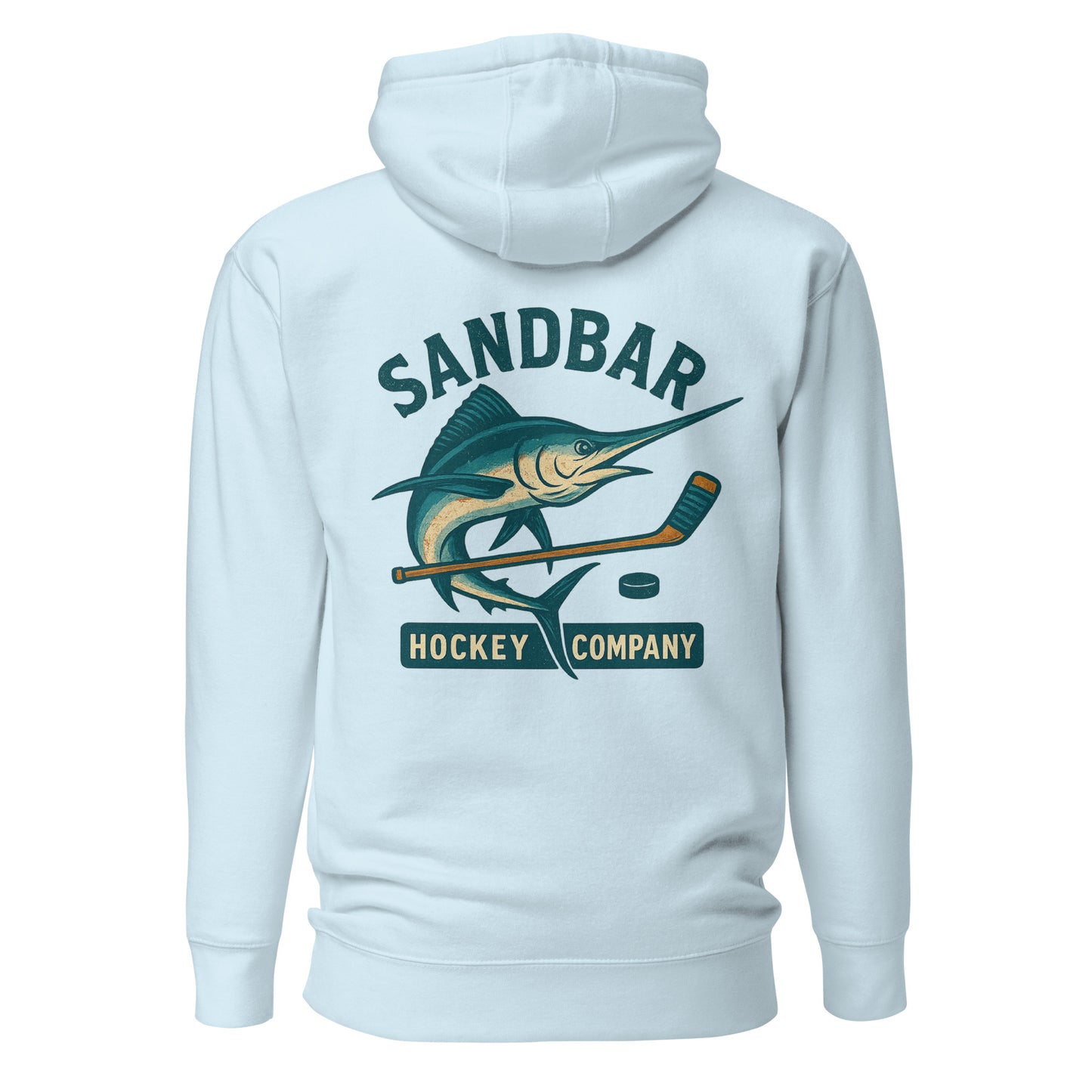 Light blue hockey hoodie back side with large marlin, hockey stick, and puck graphic with Sandbar Hockey Company text