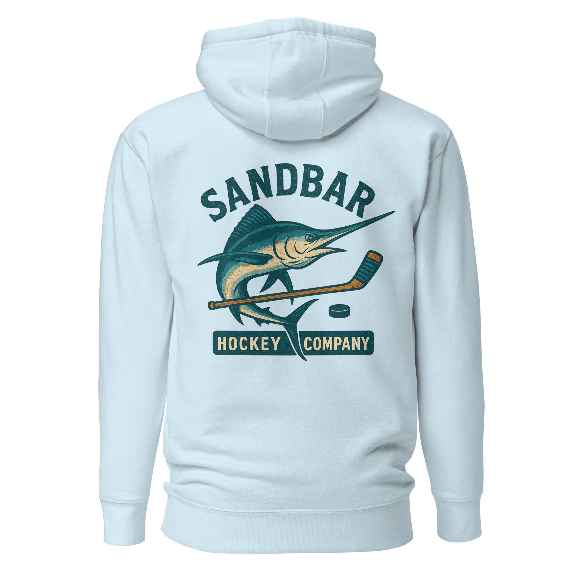 Light blue hockey hoodie back side with large marlin, hockey stick, and puck graphic with Sandbar Hockey Company text