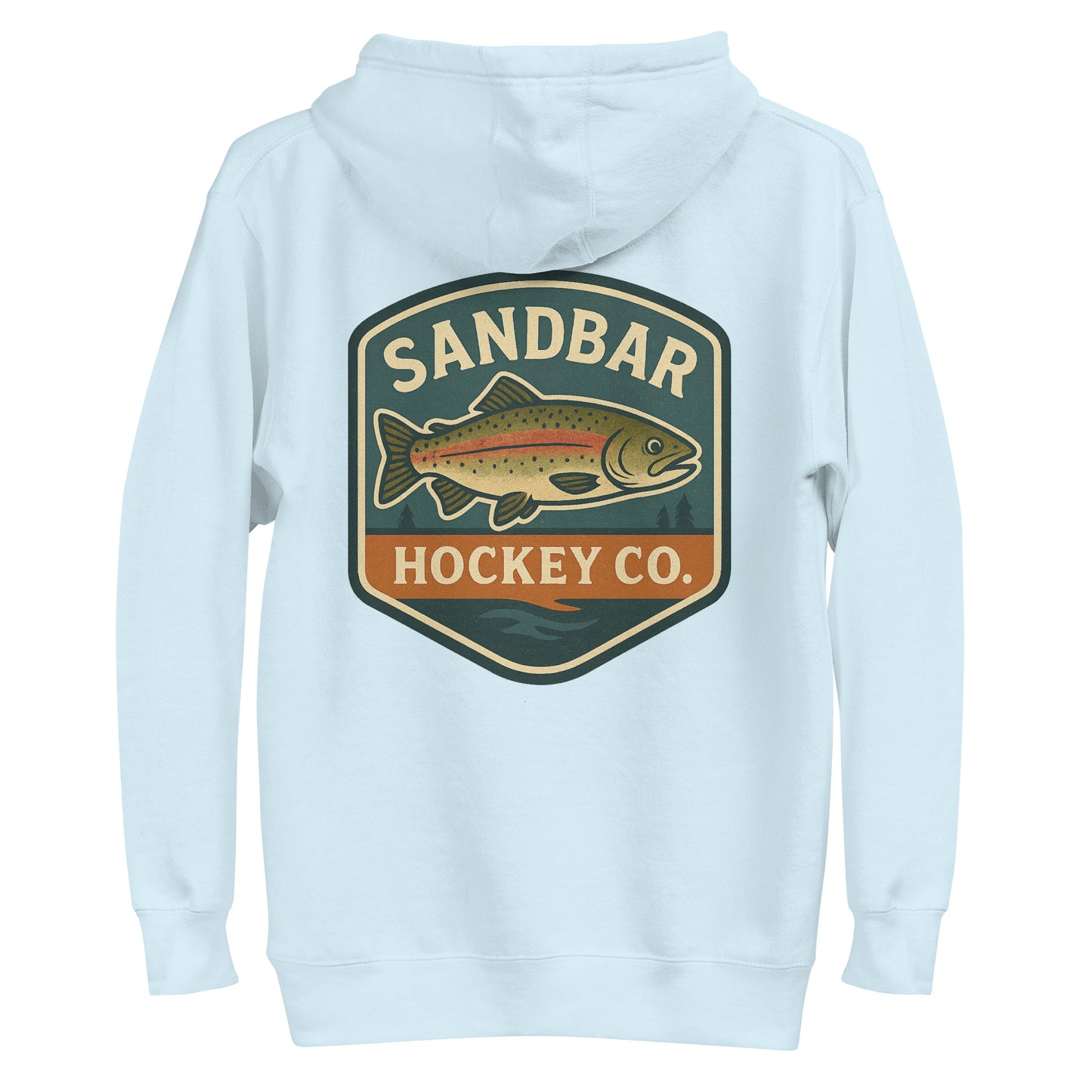 Light blue hockey hoodie back side with large Sandbar Hockey Co. trout badge graphic