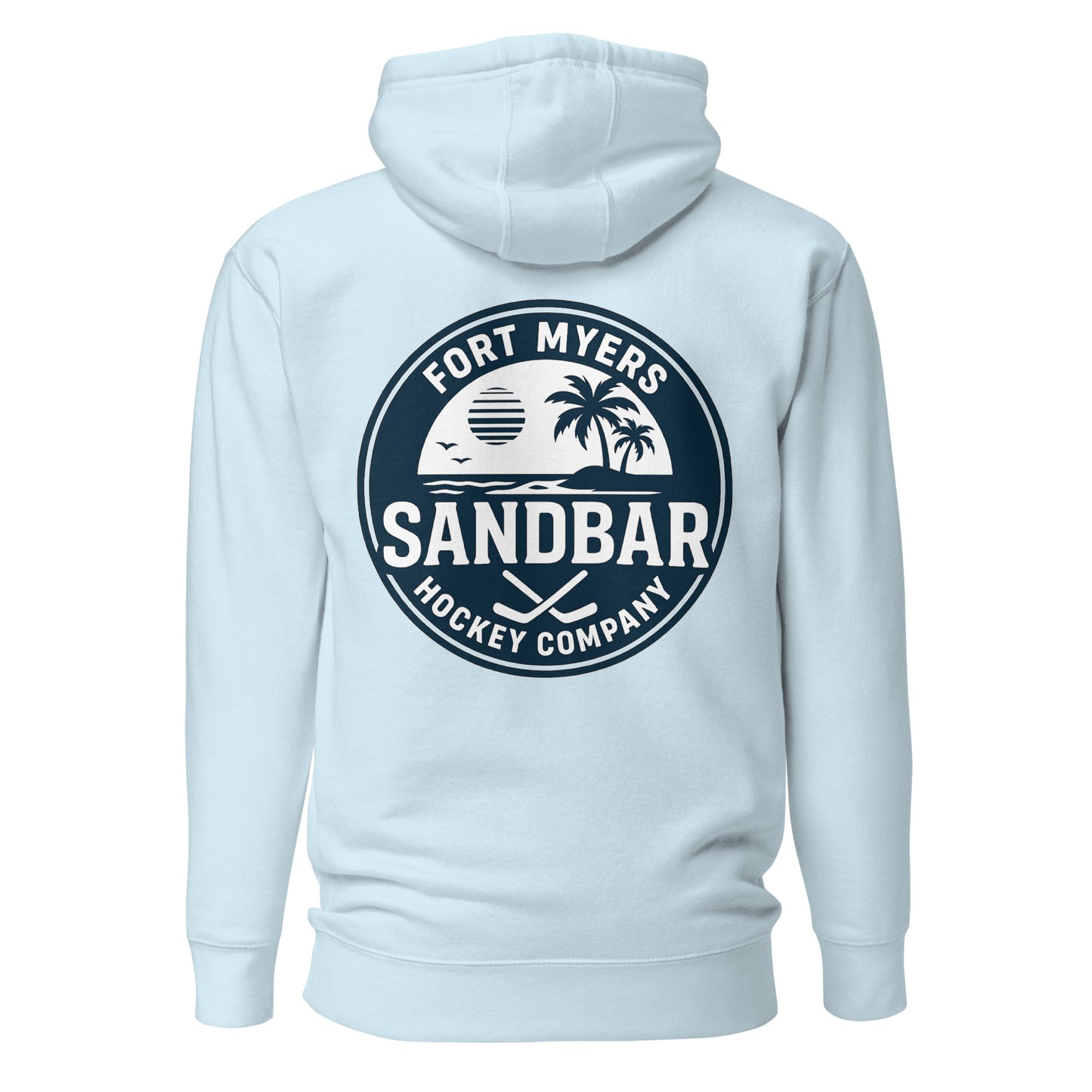 Light blue Fort Myers Sandbar Hockey hoodie back view with large circular Fort Myers Sandbar Hockey Company graphic featuring palm trees, water, sunset, birds, and crossed hockey sticks