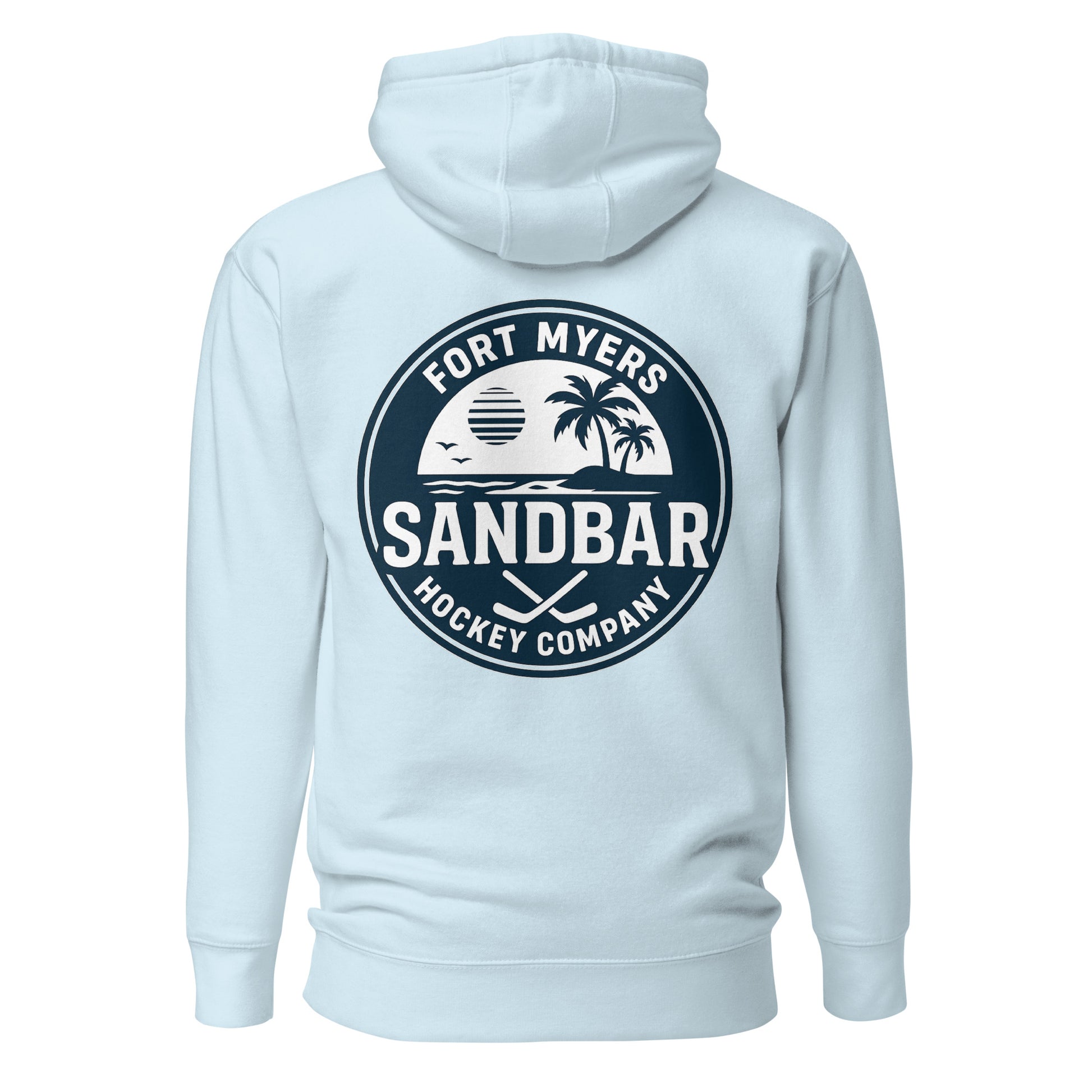 Light blue Fort Myers Sandbar Hockey hoodie back view with large circular Fort Myers Sandbar Hockey Company graphic featuring palm trees, water, sunset, birds, and crossed hockey sticks