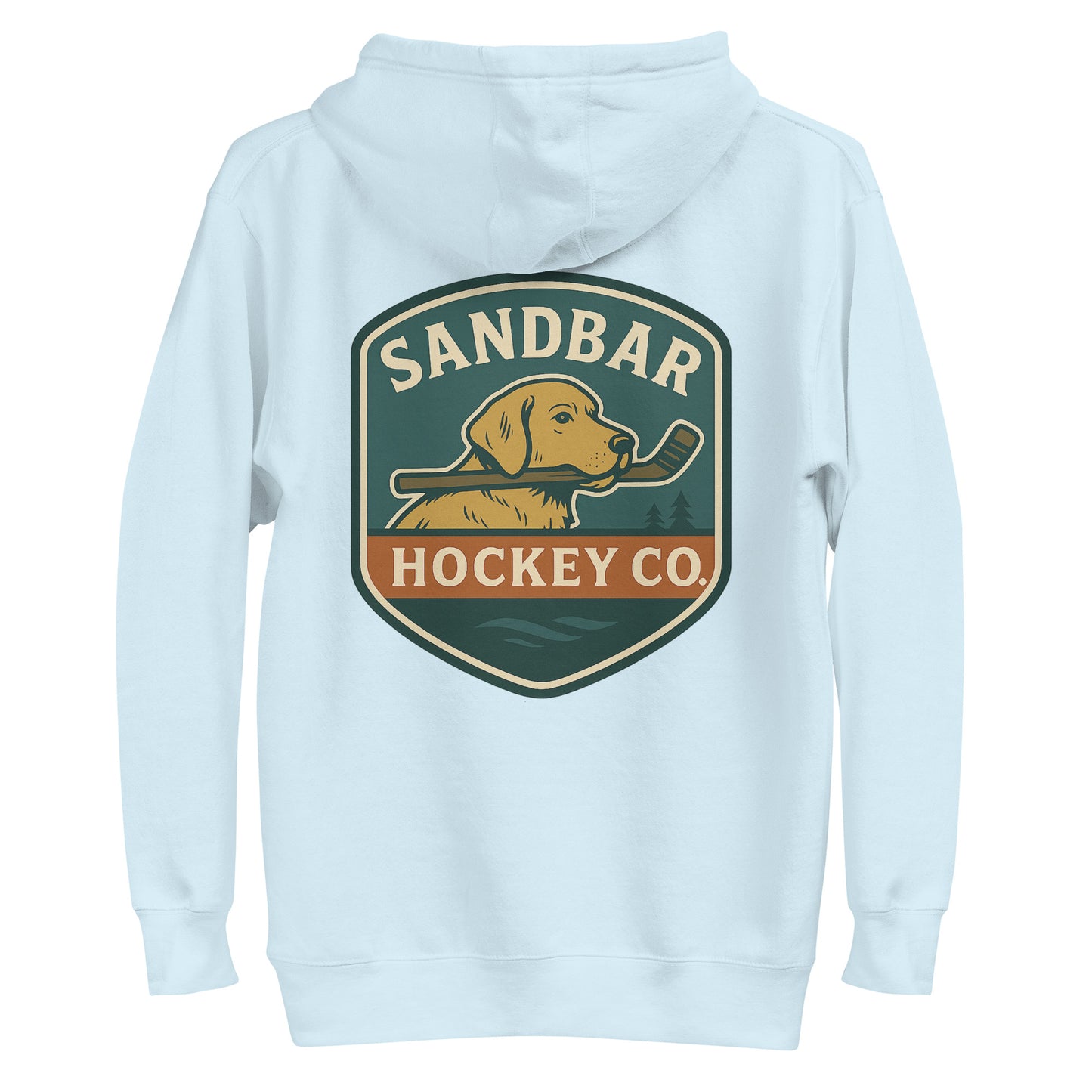 Pale blue hockey dog hoodie with a large Sandbar Hockey Co. dog shield graphic on the back
