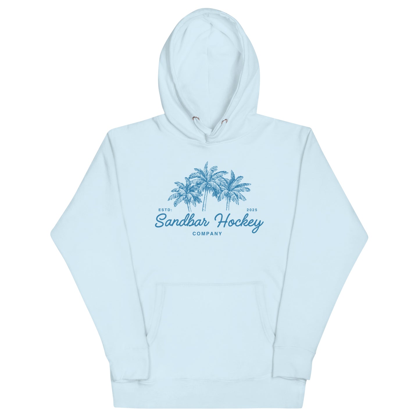 Light blue hockey hoodie front side with blue palm tree graphic and Sandbar Hockey Company cursive logo