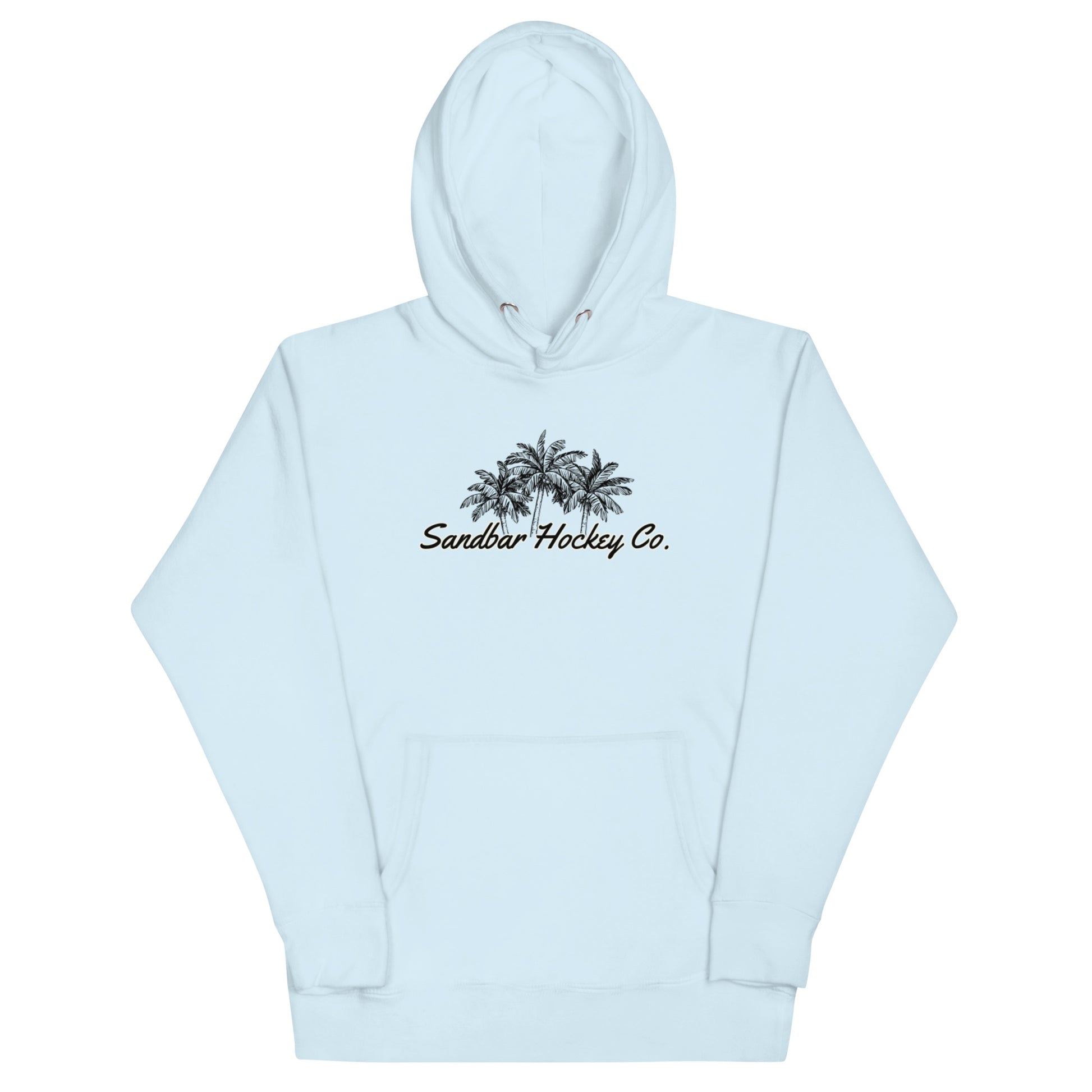 Light blue hockey hoodie front side with black palm tree Sandbar Hockey Co. chest logo