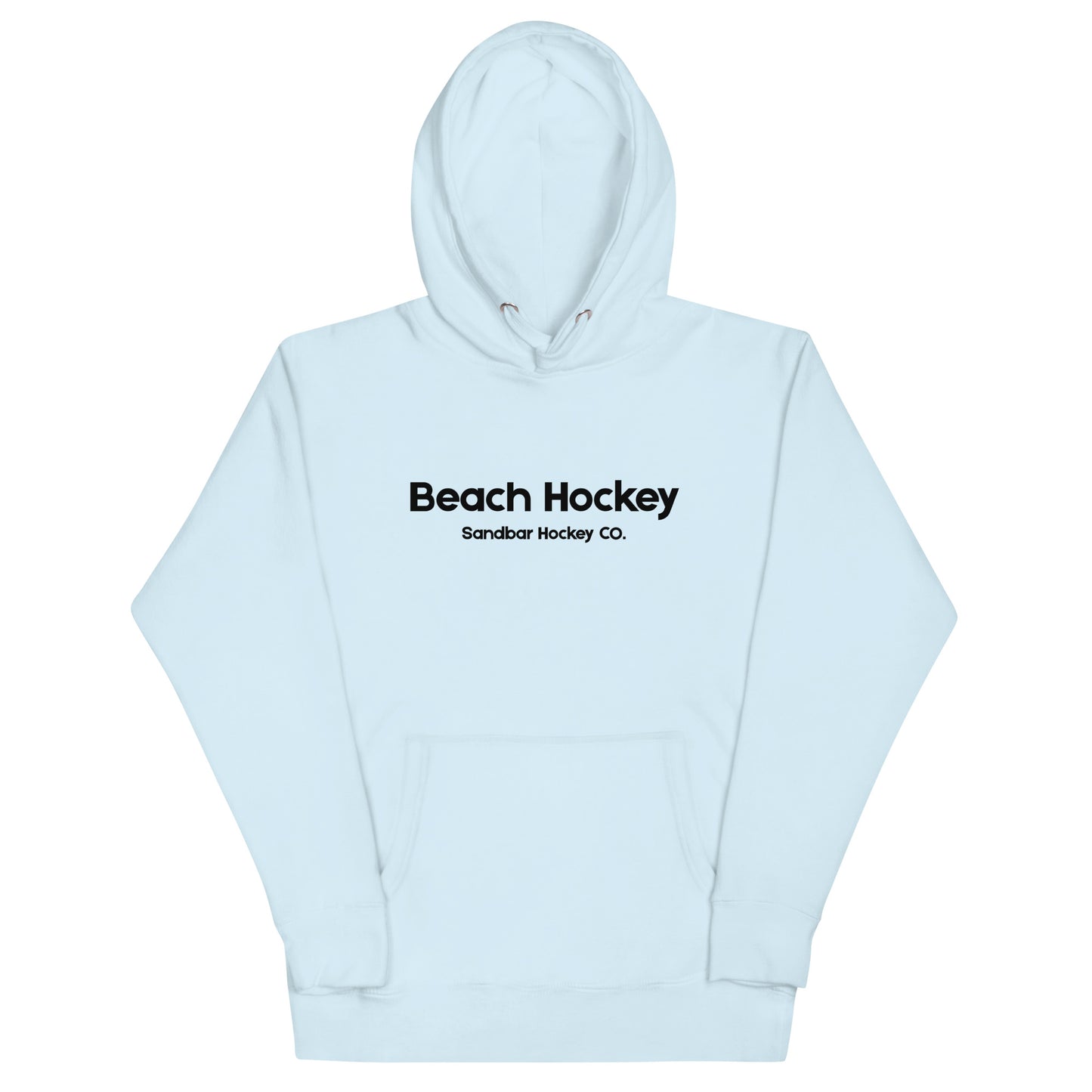 Light blue beach hockey hoodie front view with Beach Hockey Sandbar Hockey Co. text on the chest.