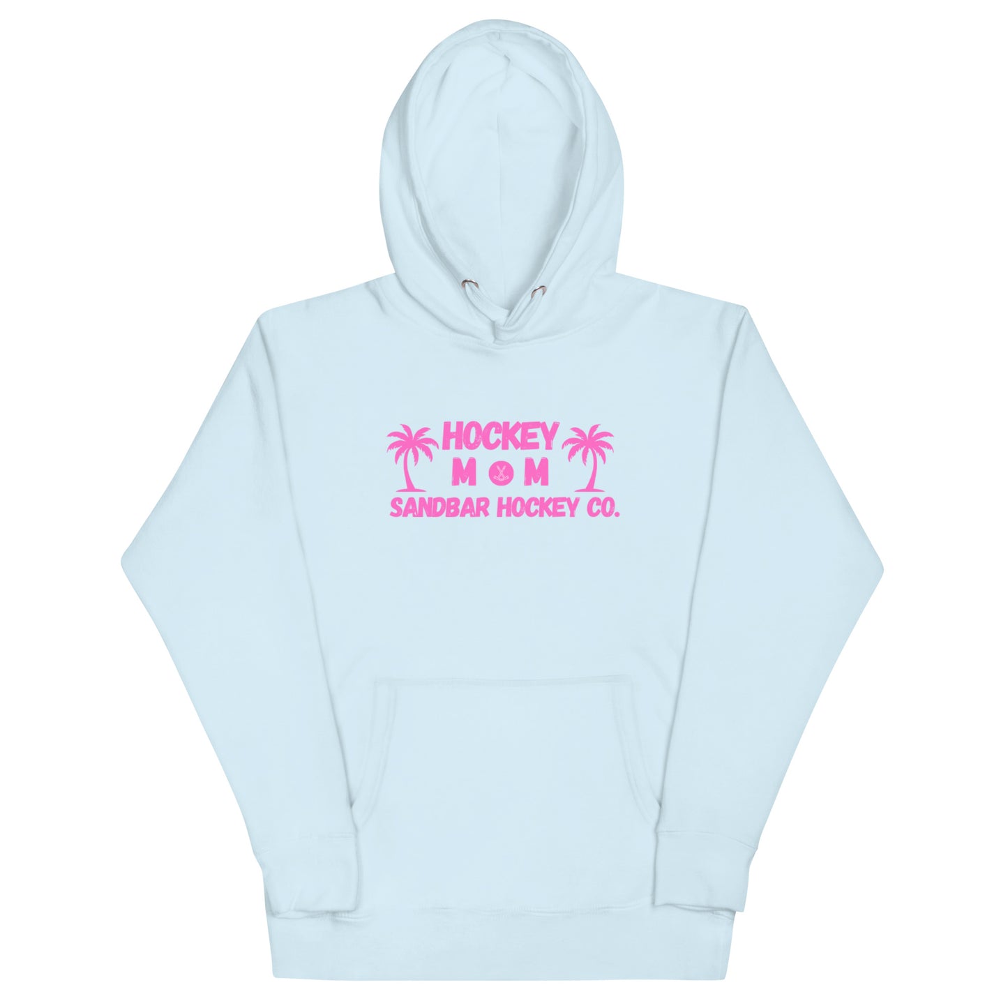 Light Blue hockey mom hoodie front view with pink Hockey Mom Sandbar Hockey Co. graphic on the chest.