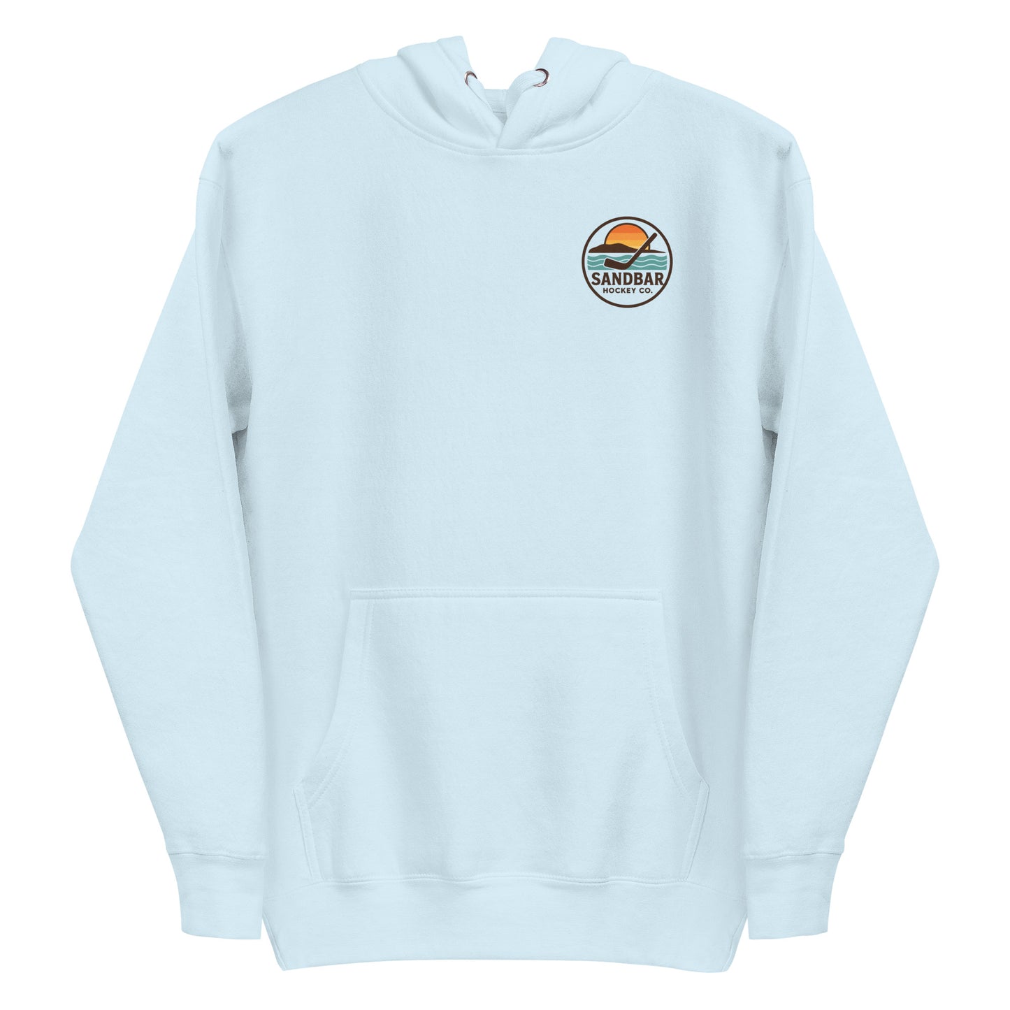 Pale blue hockey dog hoodie with a small round Sandbar Hockey Co. sunset logo on the front left chest