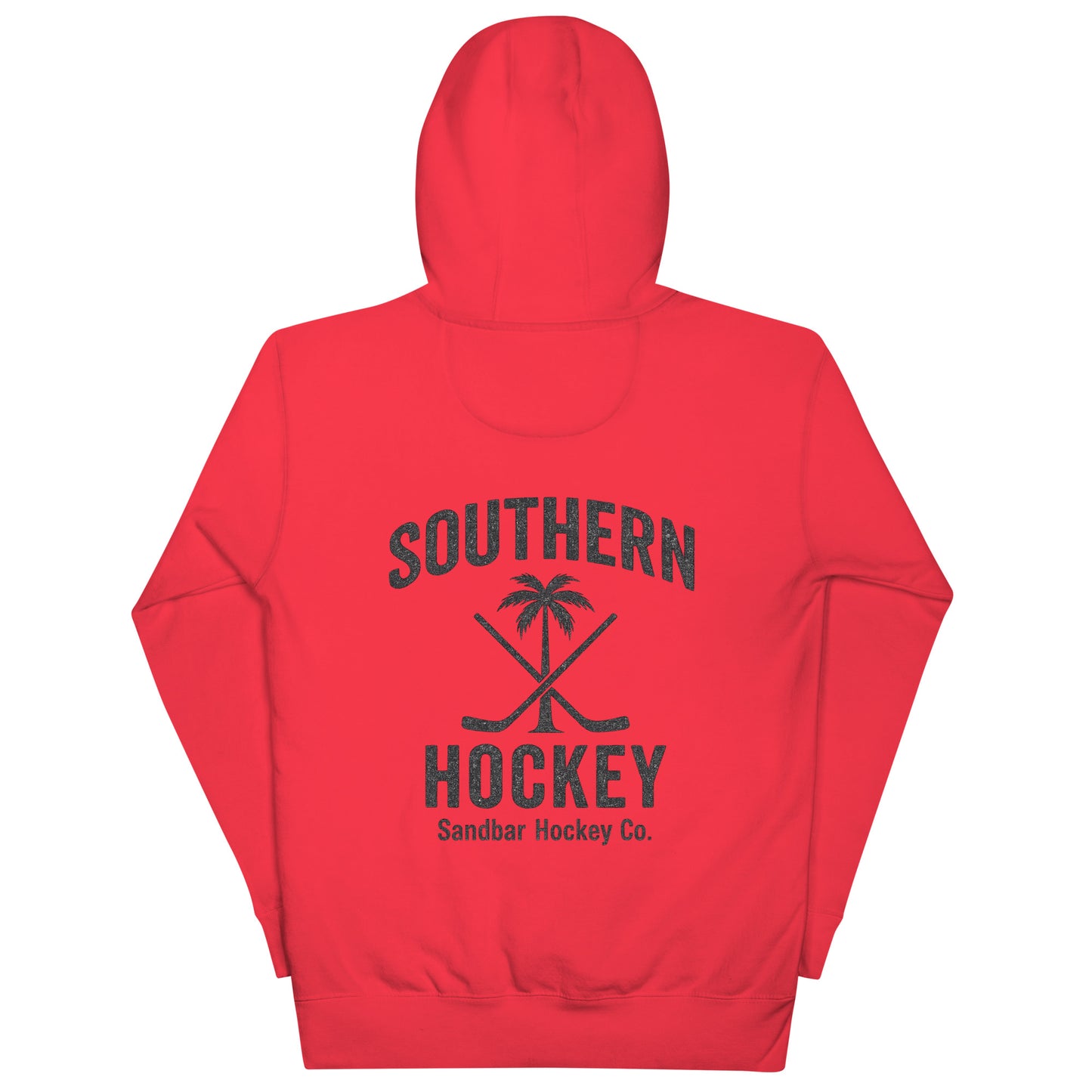 Red hockey hoodie back side with Southern Hockey palm tree and crossed sticks graphic