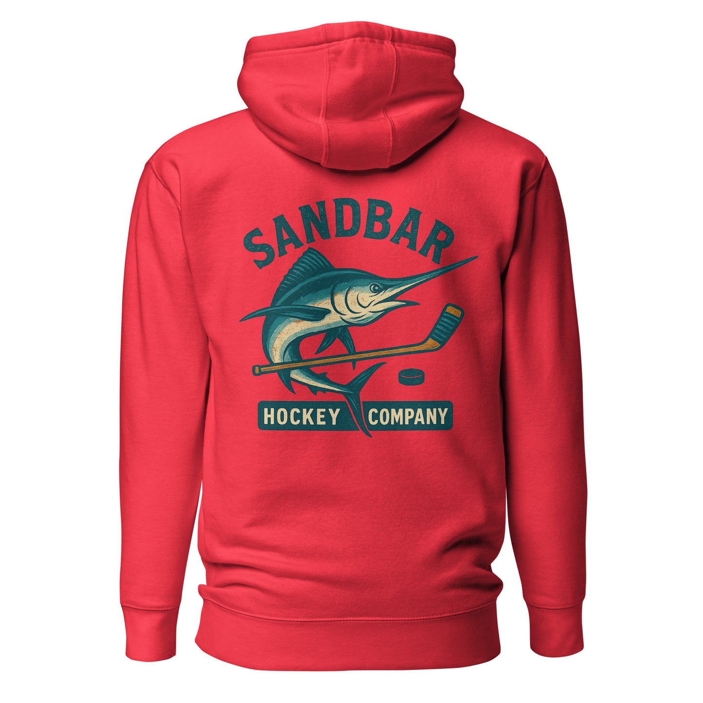 Red hockey hoodie back side with large marlin, hockey stick, and puck graphic with Sandbar Hockey Company text