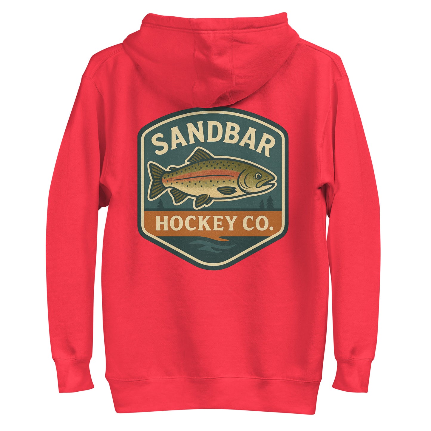 Red hockey hoodie back side with large Sandbar Hockey Co. trout badge graphic