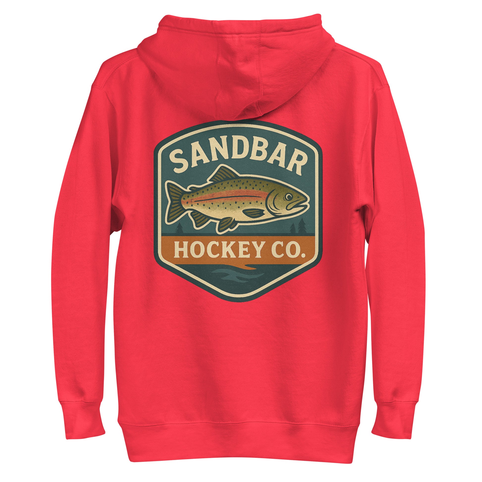 Red hockey hoodie back side with large Sandbar Hockey Co. trout badge graphic