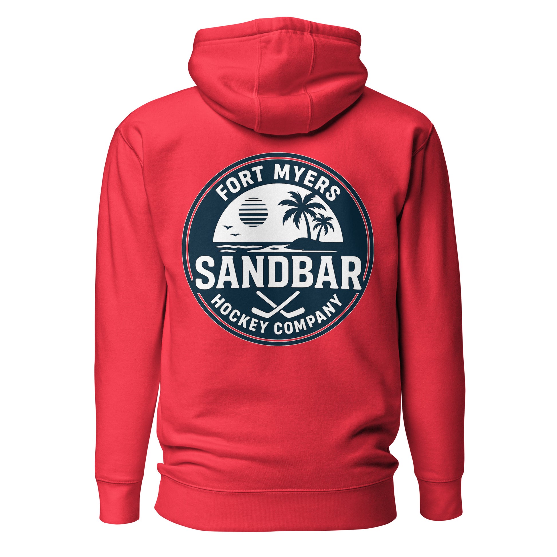 Red Fort Myers Sandbar Hockey hoodie back view with large circular Fort Myers Sandbar Hockey Company graphic featuring palm trees, water, sunset, birds, and crossed hockey sticks