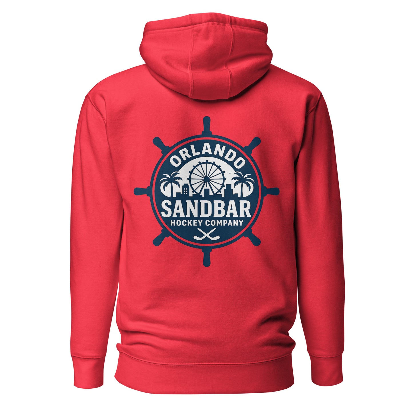 Red Orlando Sandbar Hockey hoodie back view with large circular ship wheel Orlando Sandbar Hockey Company graphic