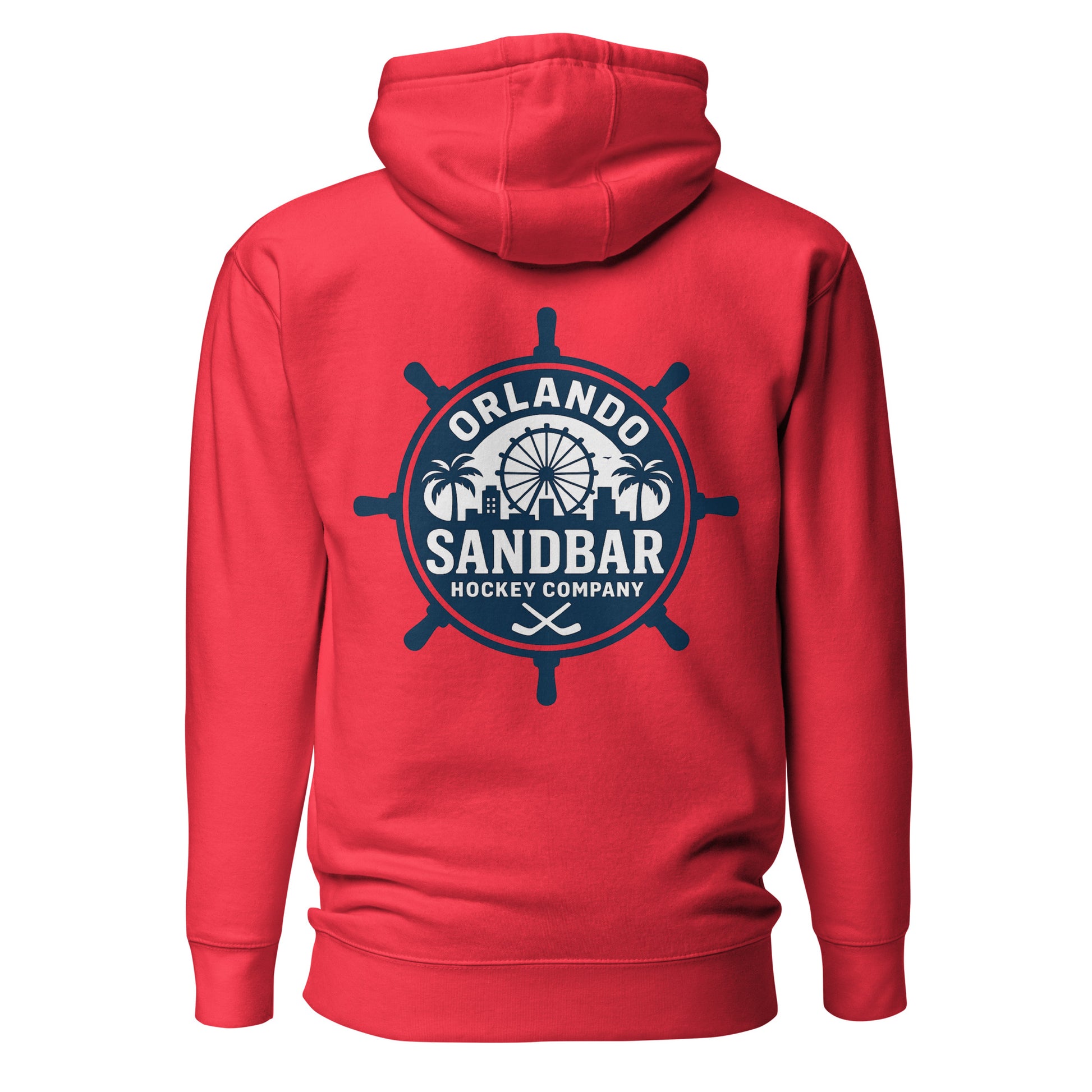 Red Orlando Sandbar Hockey hoodie back view with large circular ship wheel Orlando Sandbar Hockey Company graphic