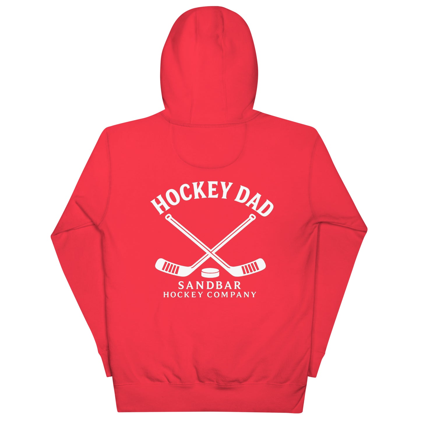 Red hockey dad hoodie back view with Hockey Dad Sandbar Hockey Company graphic, crossed hockey sticks, and puck.