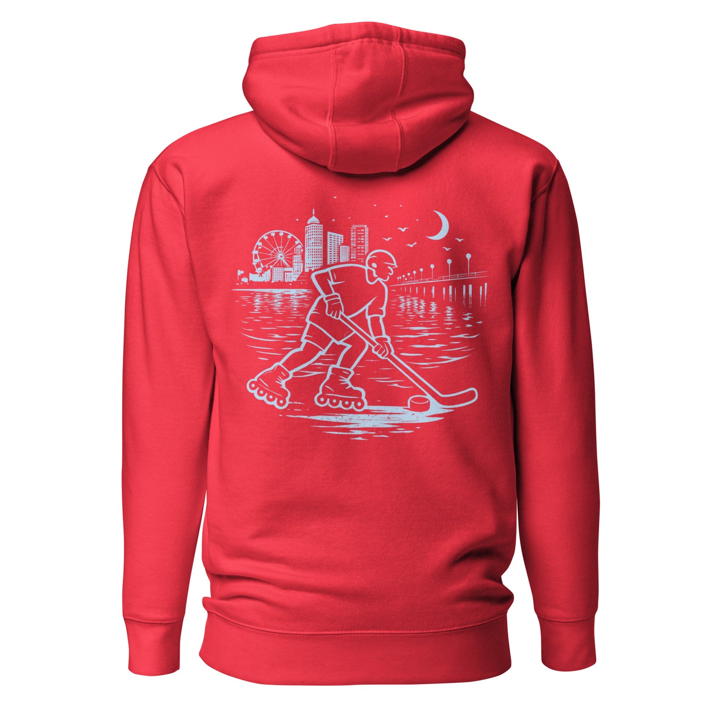 Red roller hockey hoodie back view with baby blue waterfront roller hockey graphic featuring a skater, city skyline, ferris wheel, pier, moon, and water reflections.