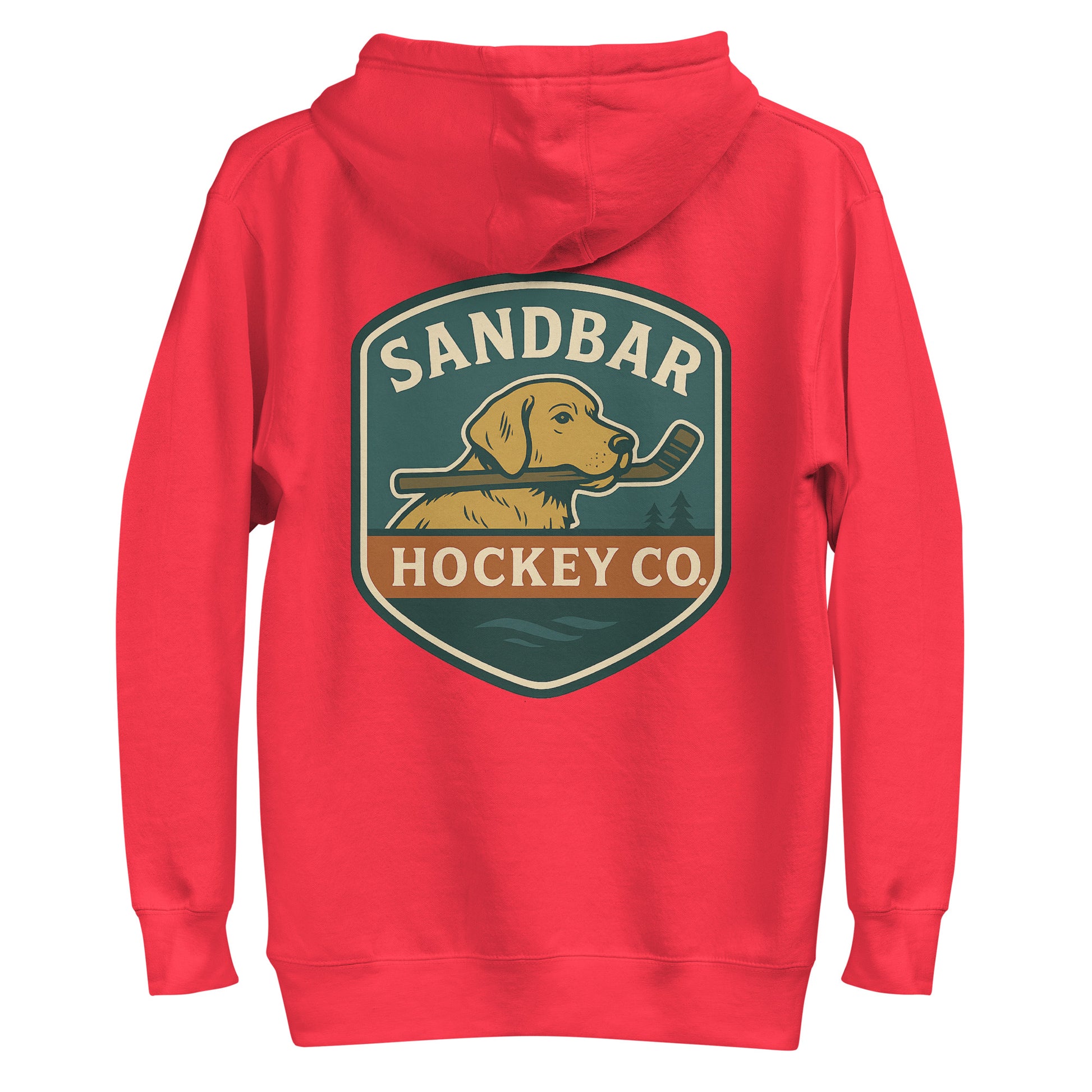 Red hockey dog hoodie with a large Sandbar Hockey Co. dog shield graphic on the back