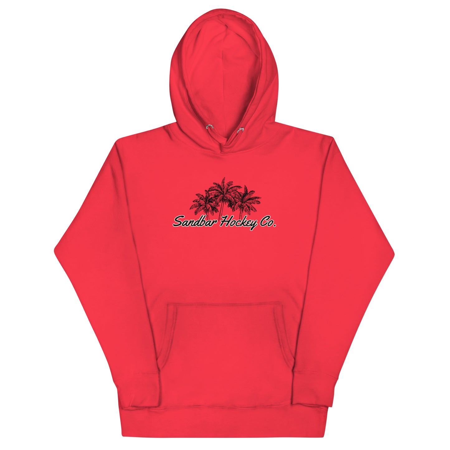 Red hockey hoodie front side with black palm tree Sandbar Hockey Co. chest logo