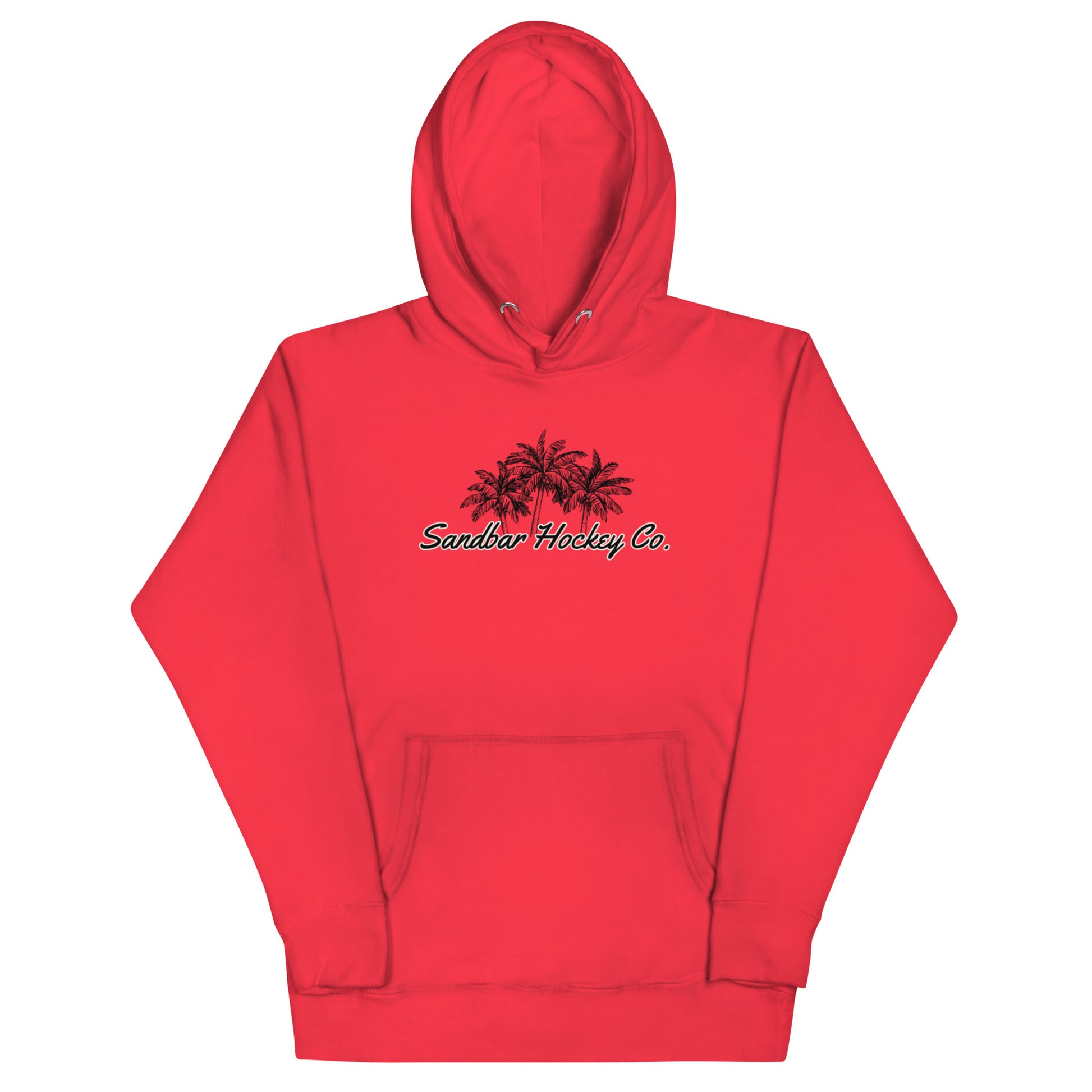 Red hockey hoodie front side with black palm tree Sandbar Hockey Co. chest logo