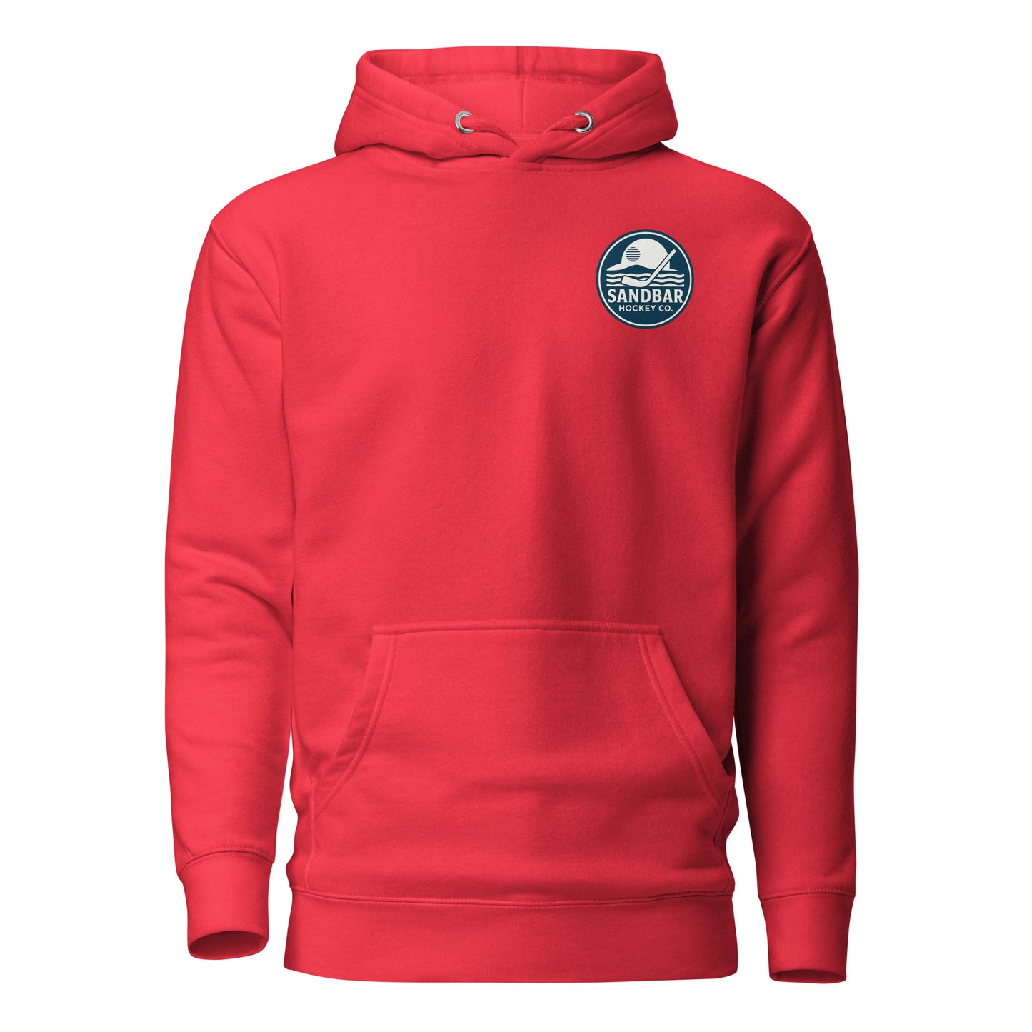 Red Fort Myers Sandbar Hockey hoodie front view with small circular Sandbar Hockey Co. chest logo showing waves, sunset, and a hockey stick
