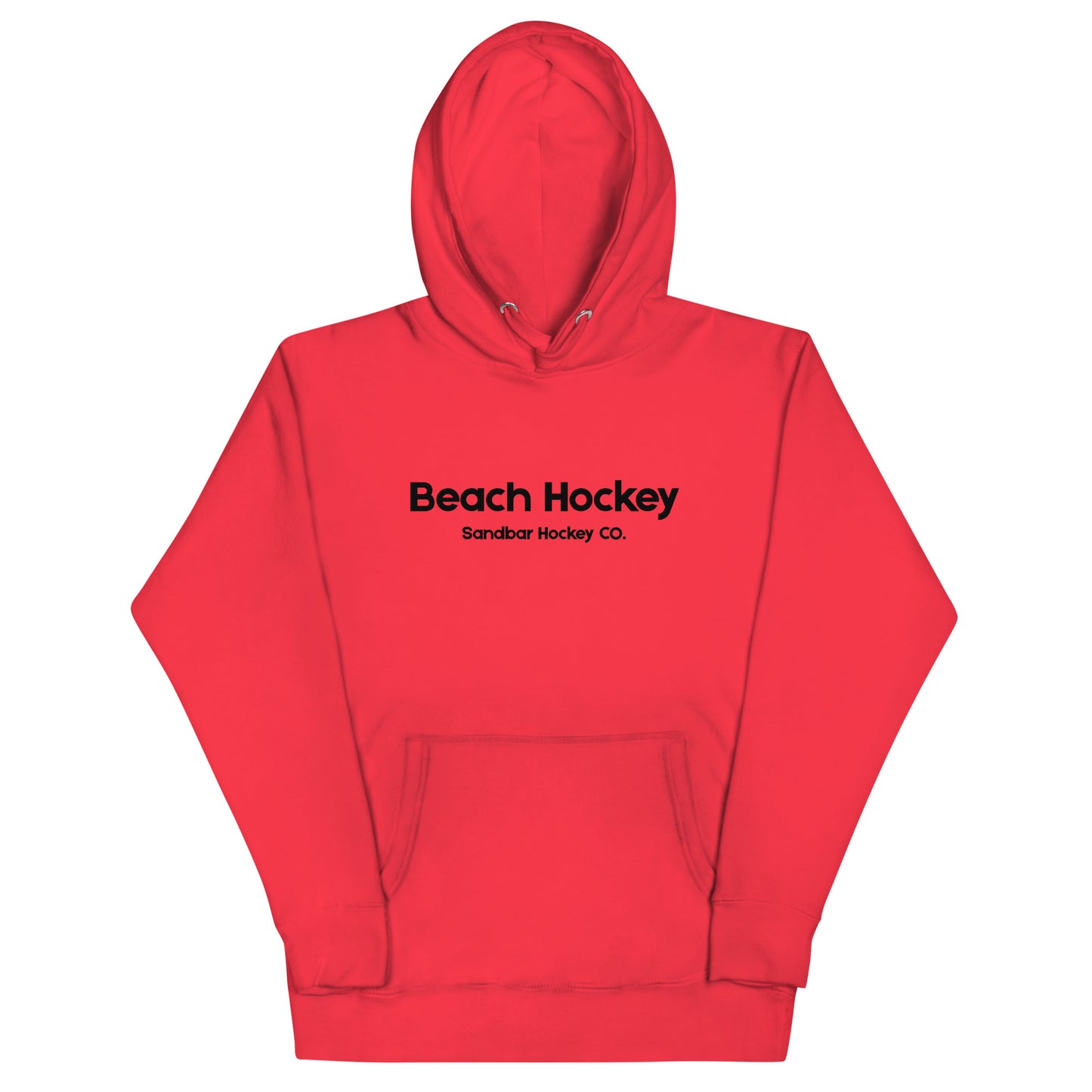 Red beach hockey hoodie front view with Beach Hockey Sandbar Hockey Co. text on the chest.