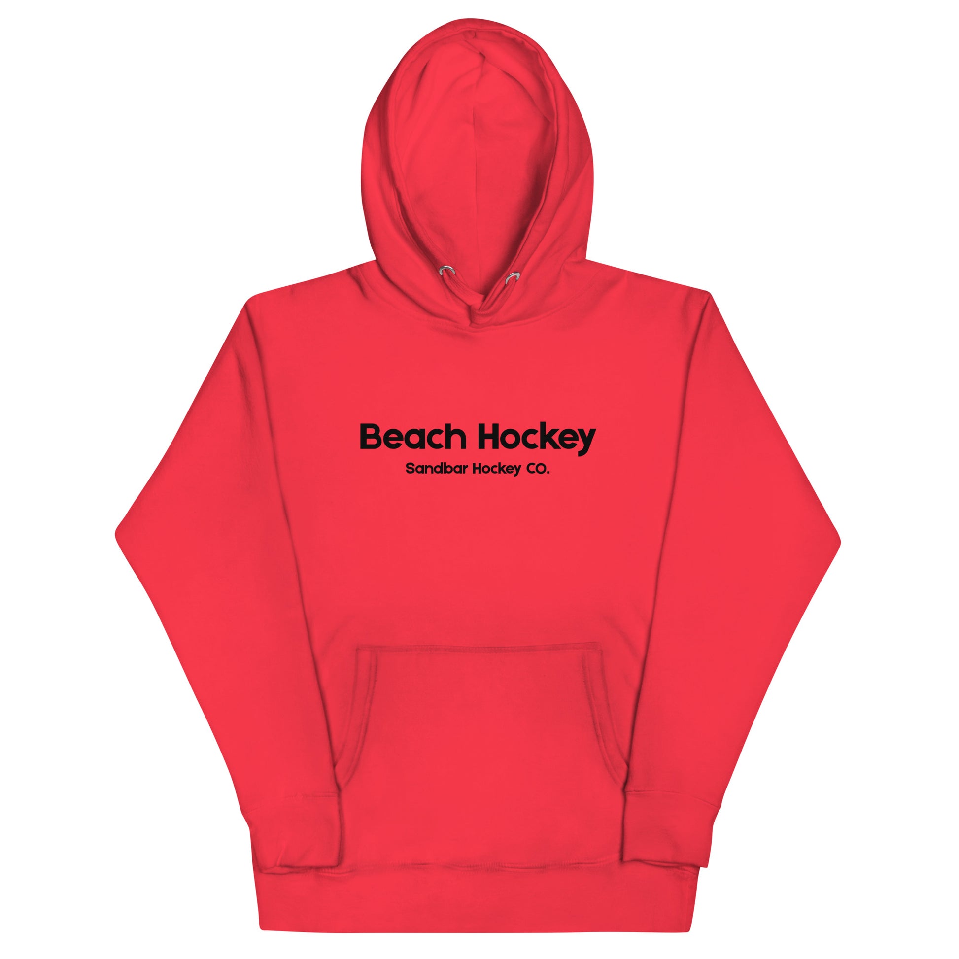 Red beach hockey hoodie front view with Beach Hockey Sandbar Hockey Co. text on the chest.