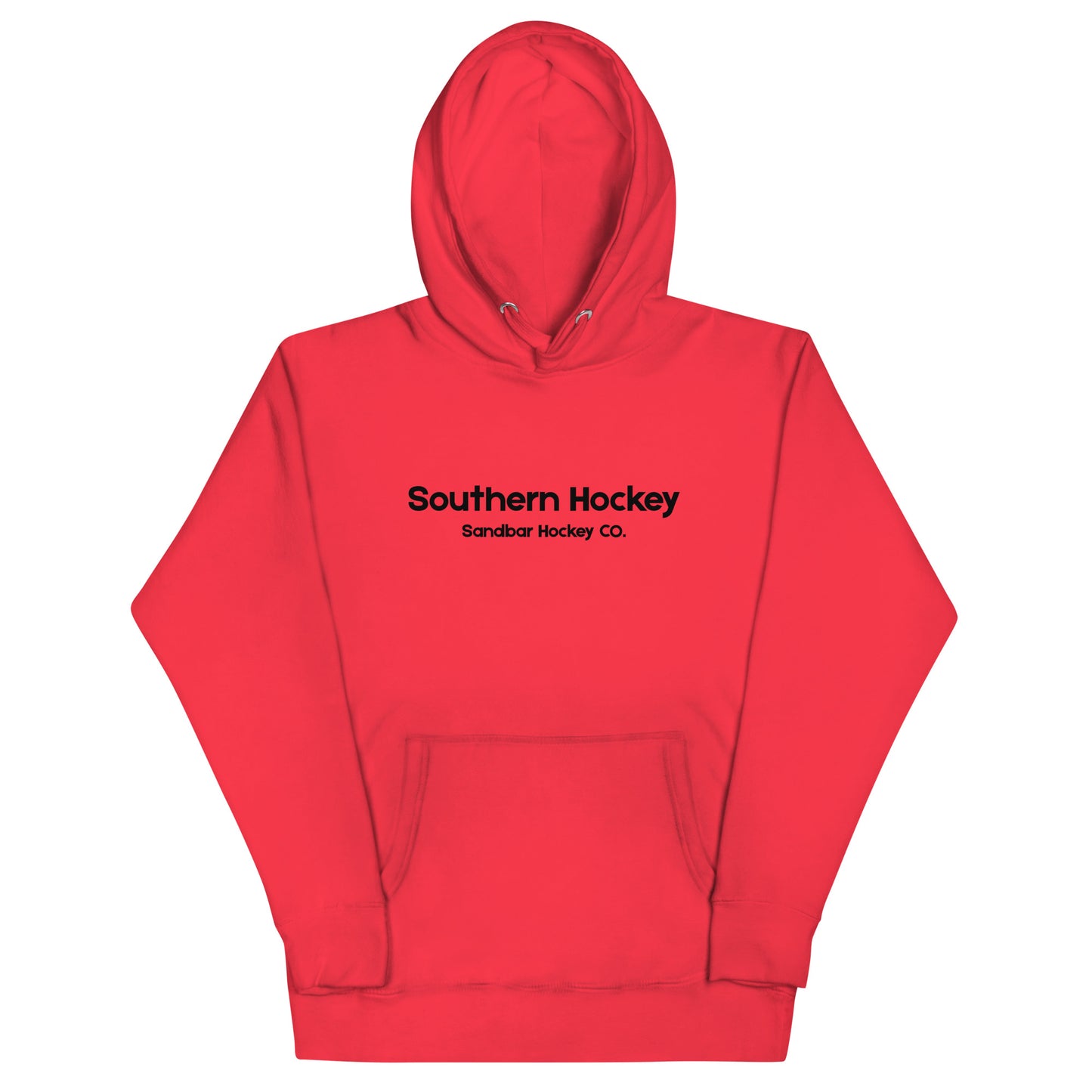 Red southern hockey hoodie front view with Southern Hockey Sandbar Hockey Co. text on the chest.