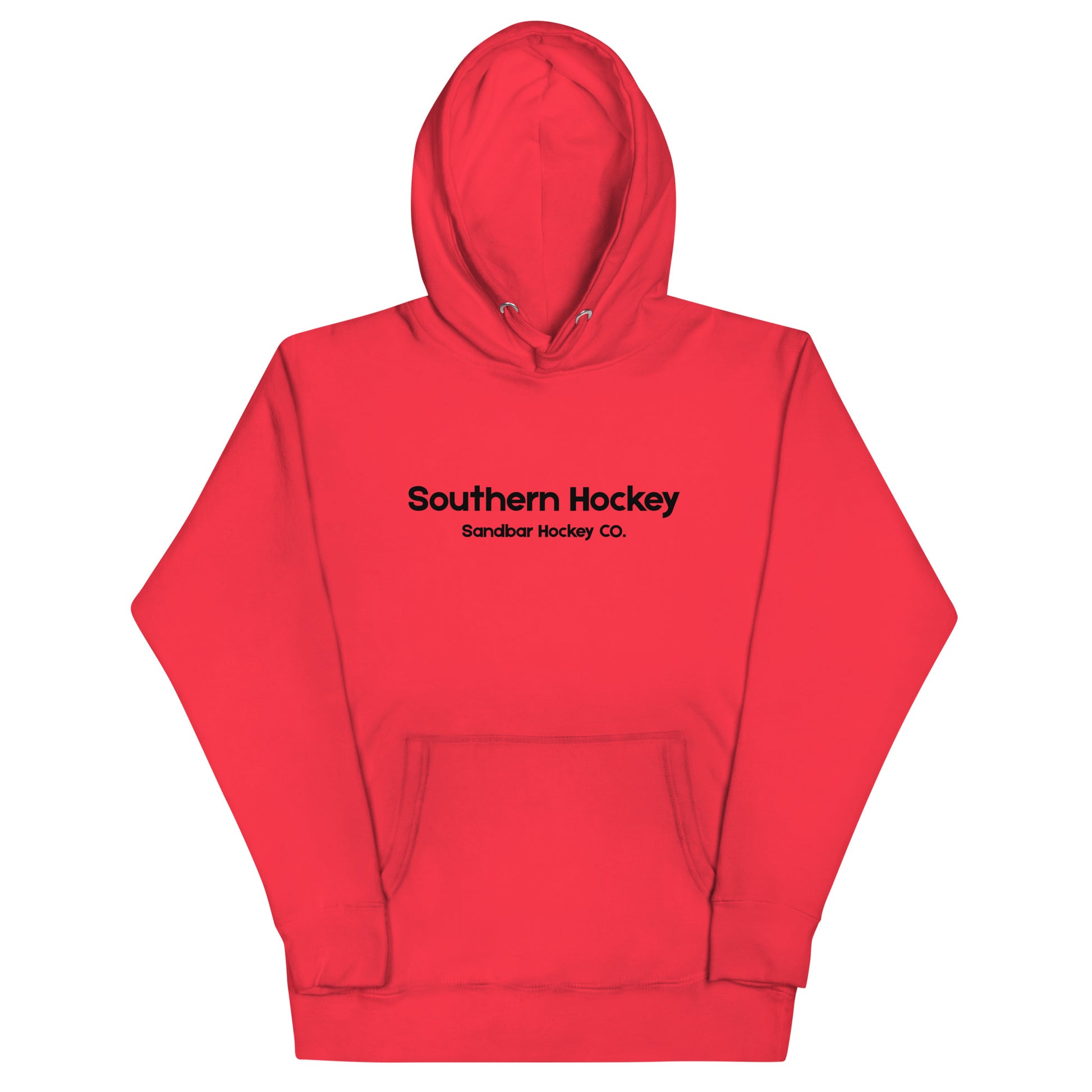Red southern hockey hoodie front view with Southern Hockey Sandbar Hockey Co. text on the chest.